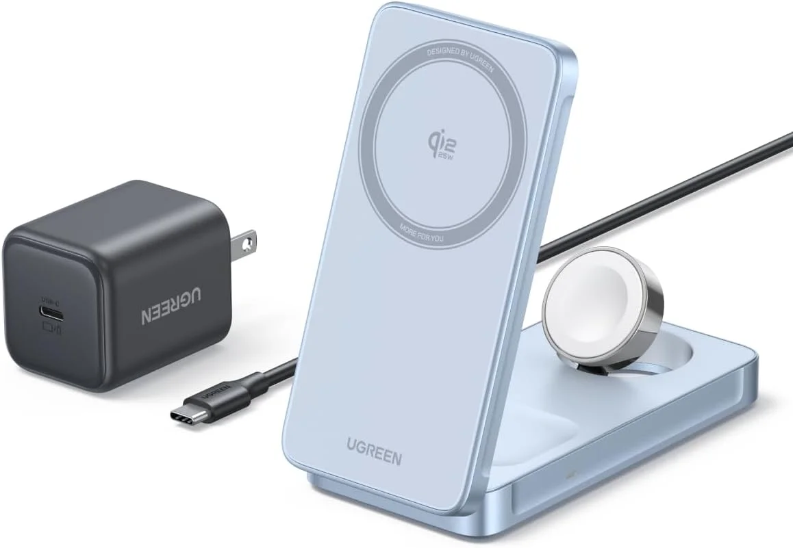 شارژر بی‌سیم تاشو 3 در 1 UGREEN 25W Magflow، شارژر مسافرتی Qi2 Magsafe برای آیفون 17/16/15/14/13/12، ایرپادز و اپل واچ، پد شارژ فوق‌العاده جمع و جور جیبی