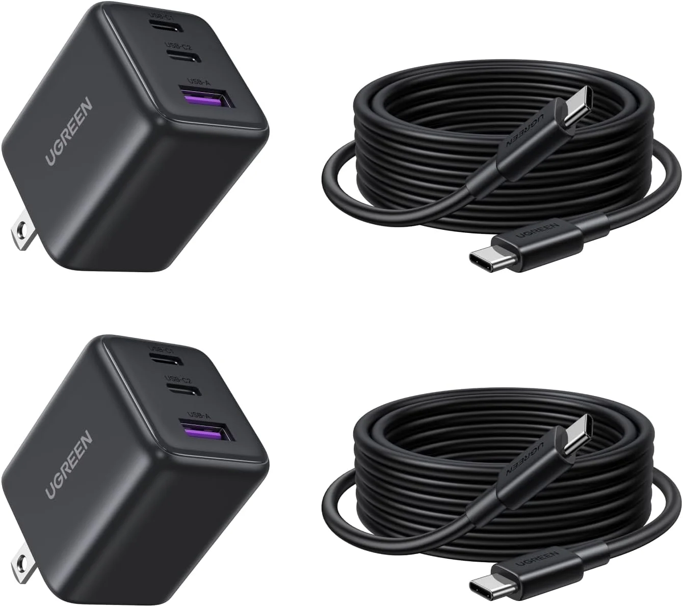 شارژر 30 واتی UGREEN، بسته 2 عددی، شارژ سریع برای آیفون 17، آداپتور شارژر GaN سه پورت به همراه کابل USB-C به طول 2 متر، مناسب برای آیفون 17/Air/16/15/14، گلکسی S25/S24/S23، پیکسل 10/9/8/7، آیپد و غیره، مشکی مات