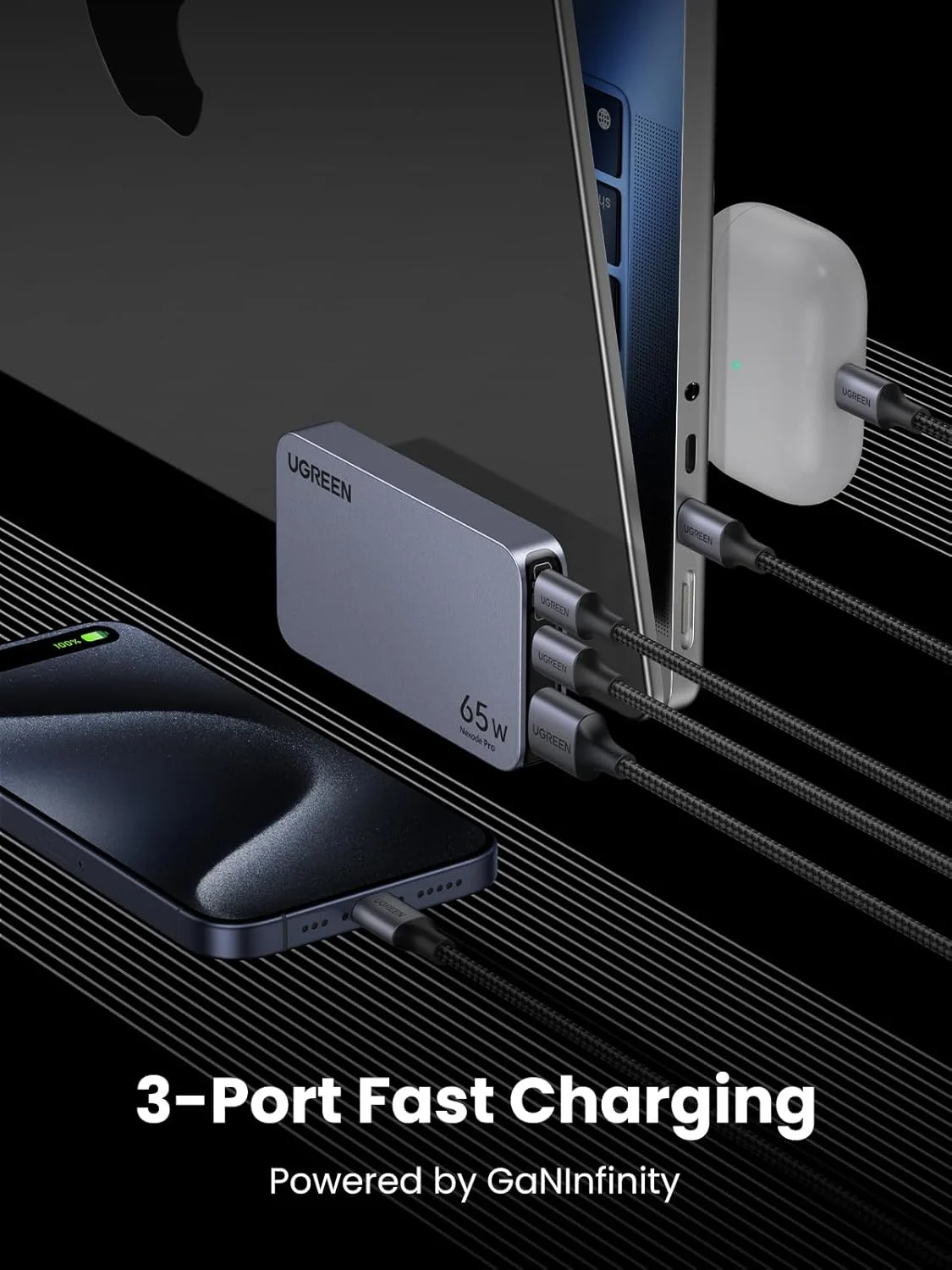 شارژر دیواری باریک 65 واتی UGREEN Nexode Pro GaN USB C، شارژر سریع و جمع و جور 3 پورت PPS برای سری آیفون 17/16/15، مک بوک ایر، آیپد پرو، گلکسی S25/S24، پیکسل 10/9، استیم دک