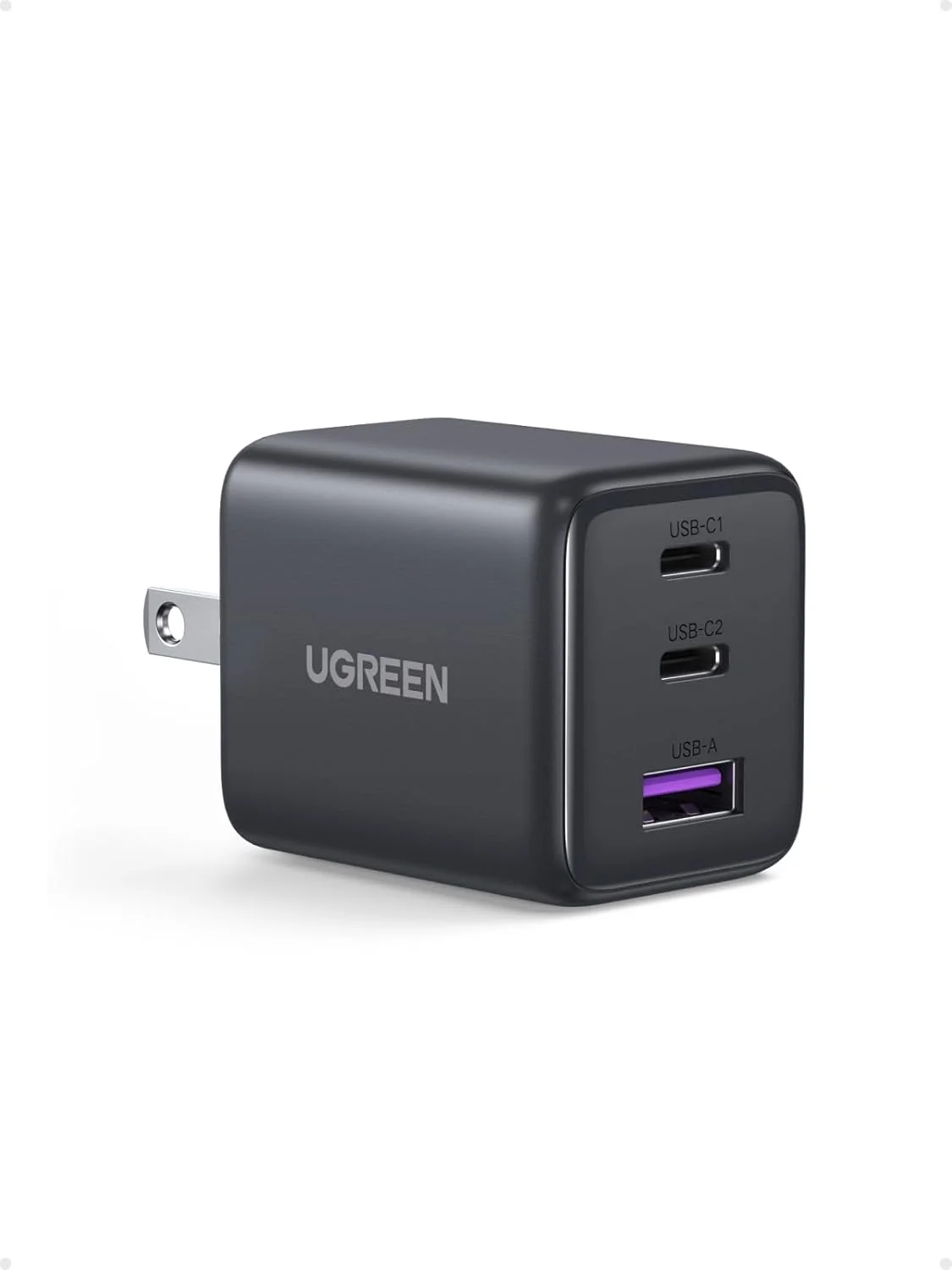 شارژر USB C سه پورت 30 واتی UGREEN، شارژر فشرده GaN II آیفون با شارژ سریع، آداپتور برق Type C برای سری آیفون 17/16/15، سامسونگ گلکسی S25/24/23، آیپد، مشکی مات
