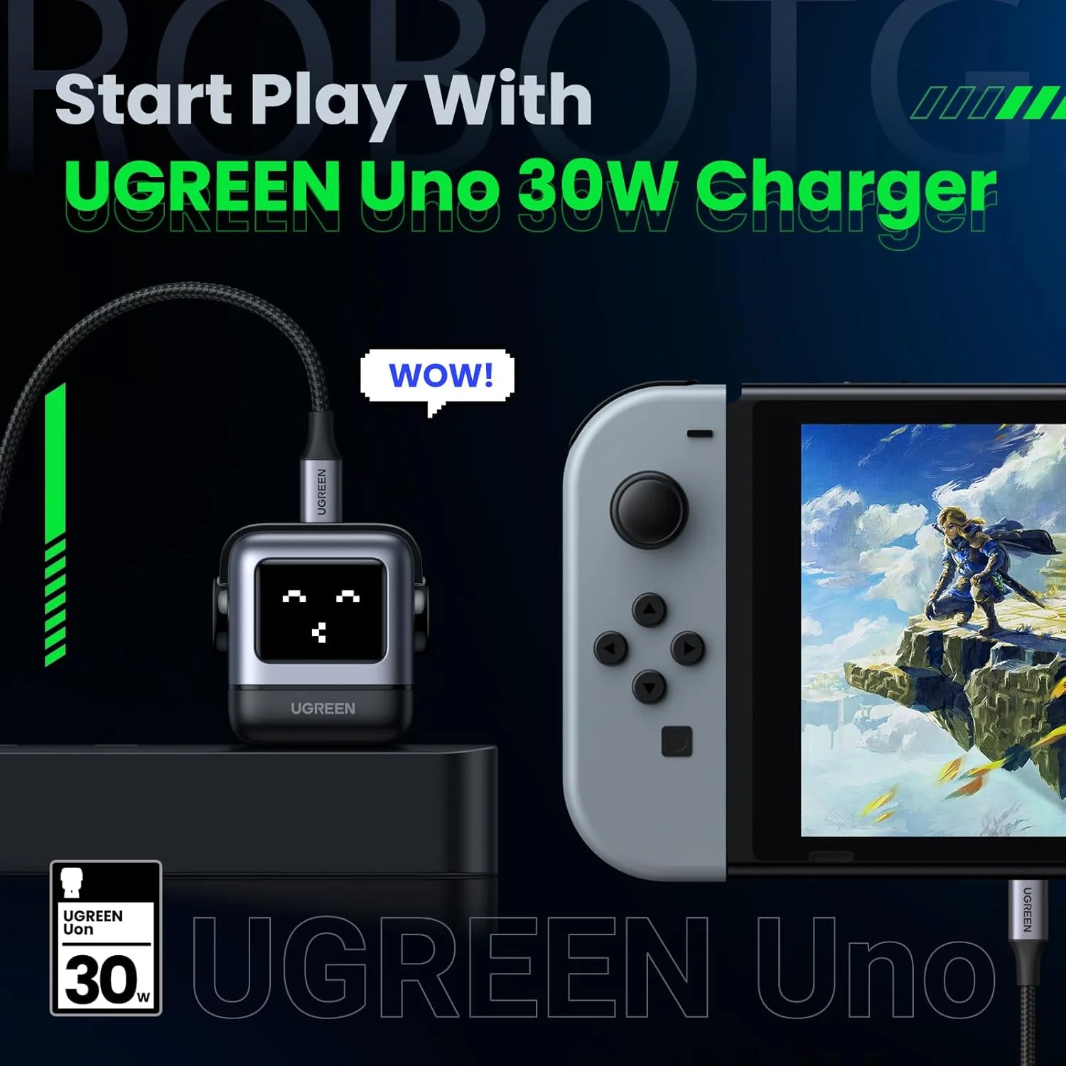 آداپتور شارژر USB C مدل UGREEN Uno 30W، شارژر سریع GaN رباتی جمع و جور برای آیفون، هدیه برای خانم ها و آقایان، سازگار با آیفون 17/16/15، گلکسی S25/S24/S23، پیکسل 10/9/8، آیپد، مشکی