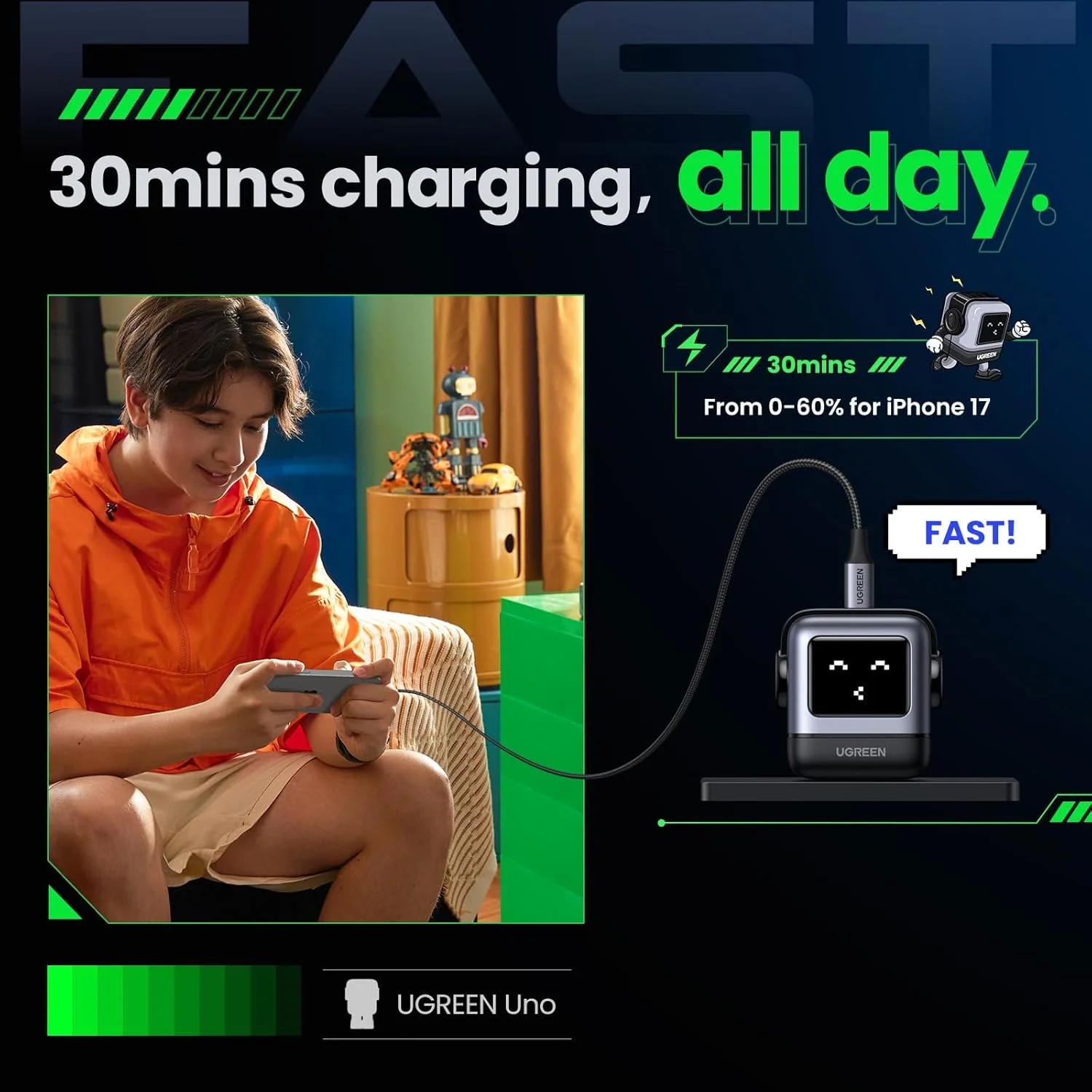 آداپتور شارژر USB C مدل UGREEN Uno 30W، شارژر سریع GaN رباتی جمع و جور برای آیفون، هدیه برای خانم ها و آقایان، سازگار با آیفون 17/16/15، گلکسی S25/S24/S23، پیکسل 10/9/8، آیپد، مشکی