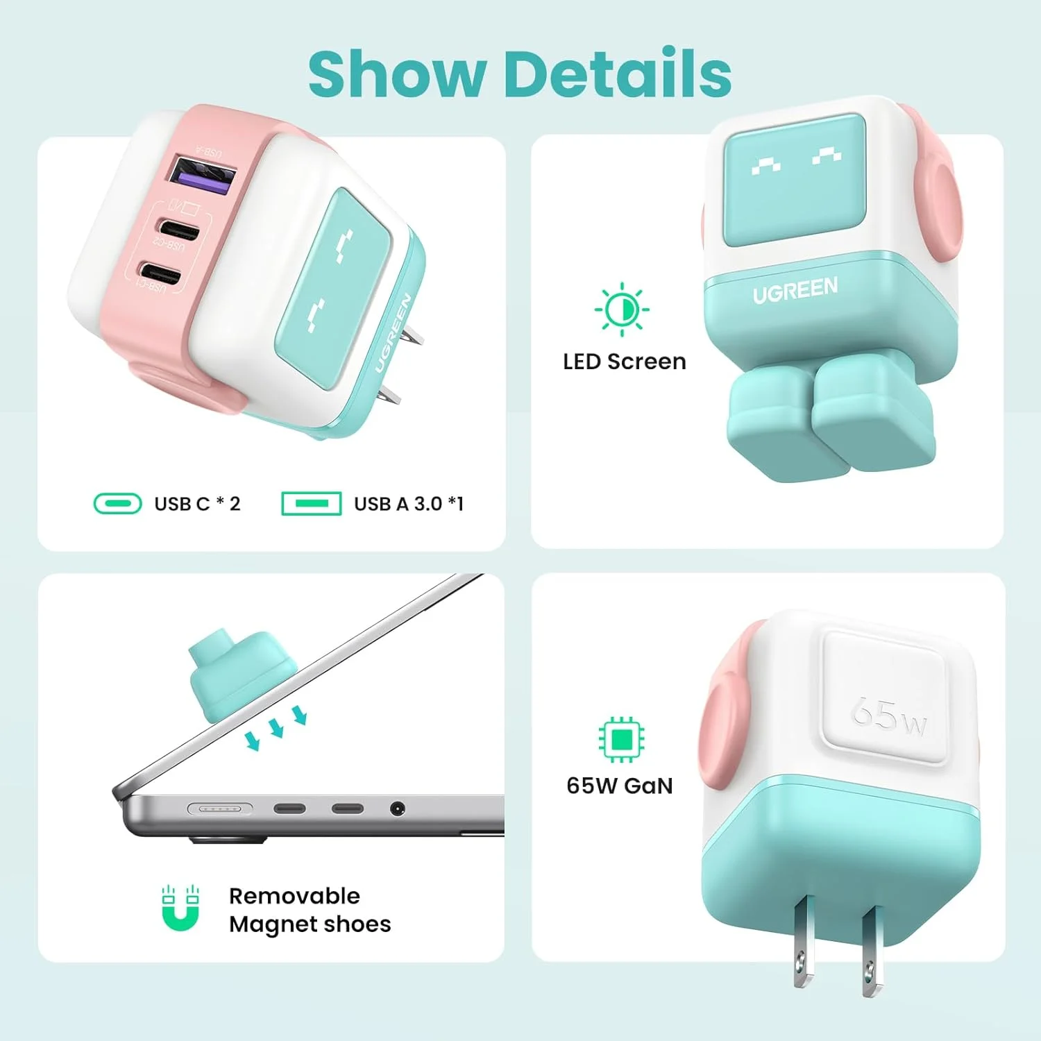 شارژر دیواری یوگرین Uno 65W USB C، شارژر سریع 3 پورت GaN برای آیفون 17، هدیه برای خانم ها، برای مک بوک پرو/ایر، XPS، گلکسی S25/S24، پیکسل، استیم دک، ROG Ally، صورتی آبی