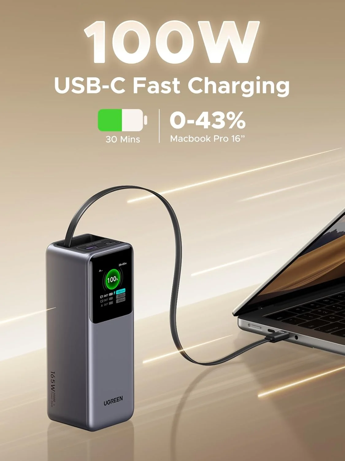 پاور بانک لپ تاپ UGREEN Nexode با ظرفیت 20000mAh و توان 165W به همراه کابل USB C داخلی، شارژر قابل حمل مسافرتی برای لپ تاپ، ورودی 100W، شارژ سریع برای MacBook Pro/Air/iPhone 17/16/iPad Pro/Galaxy S25 Ultra/Dell/HP و غیره