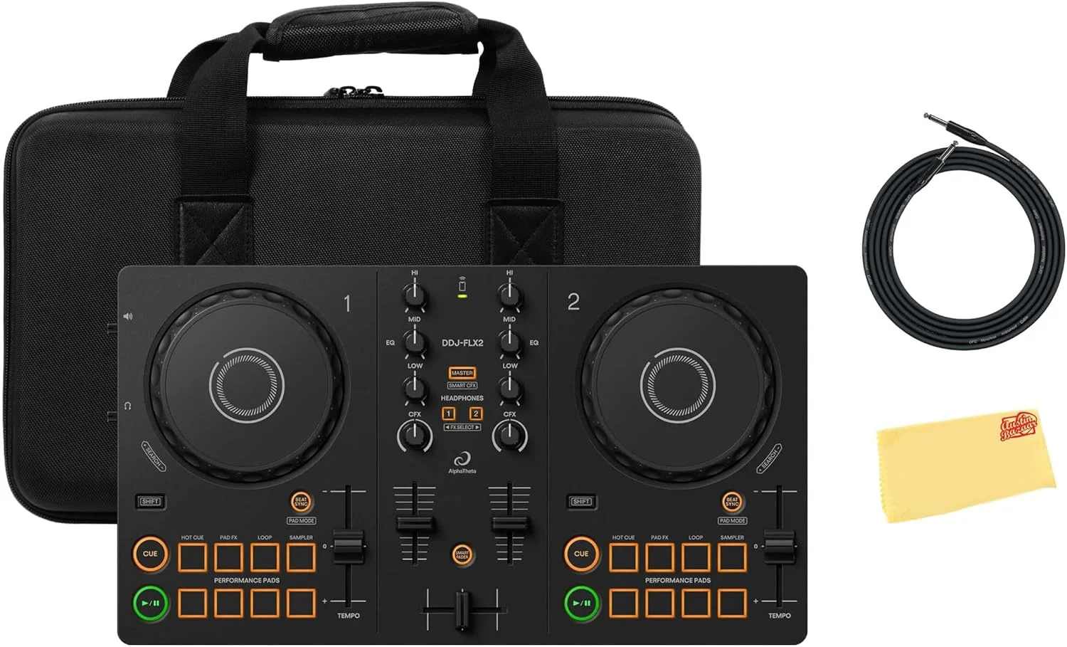 پکیج کنترلر دی جی 2 کاناله پایونیر DJ AlphaTheta DDJ-FLX2 به همراه کیف، کابل ساز و پارچه پولیش آستین بازار