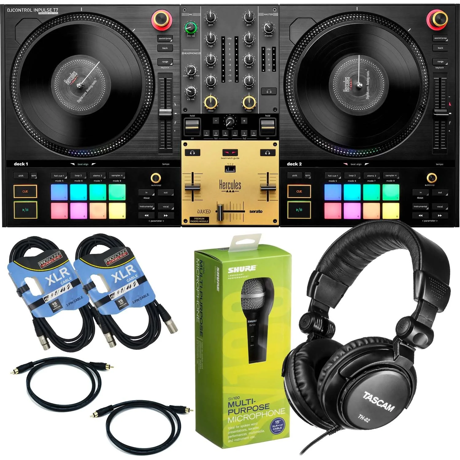 کنترلر دی‌جی هرکولس DJControl Inpulse T7 Premium به همراه Tascam TH02، (2) کابل XLR، Shure SV100 و مجموعه‌ کابل‌های RCA