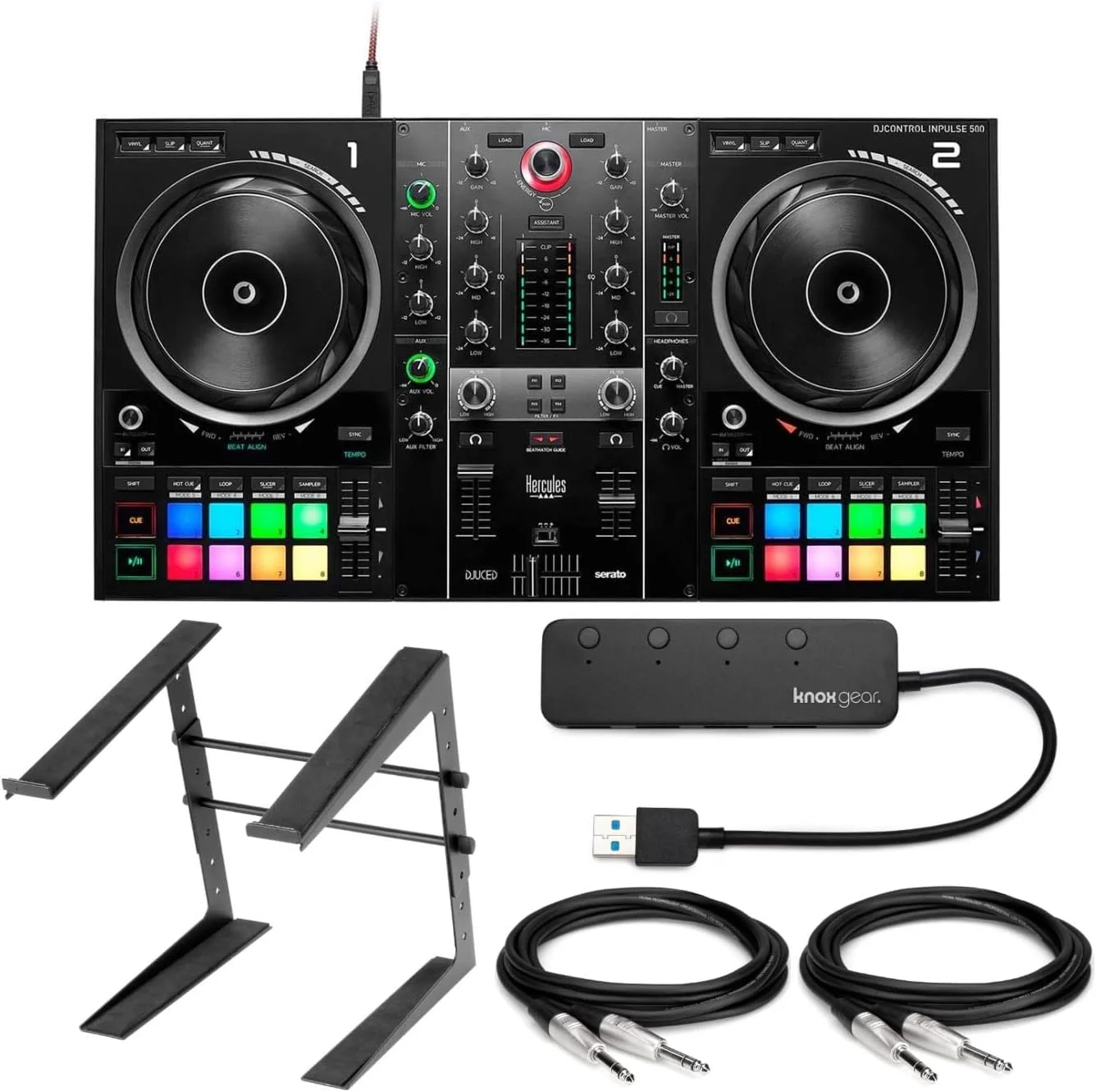 مجموعه کنترلر دی‌جی هرکولس DJControl Inpulse 500 با استند لپ‌تاپ، هاب USB چهار پورت و کابل (بسته 2 عددی) (5 قطعه)