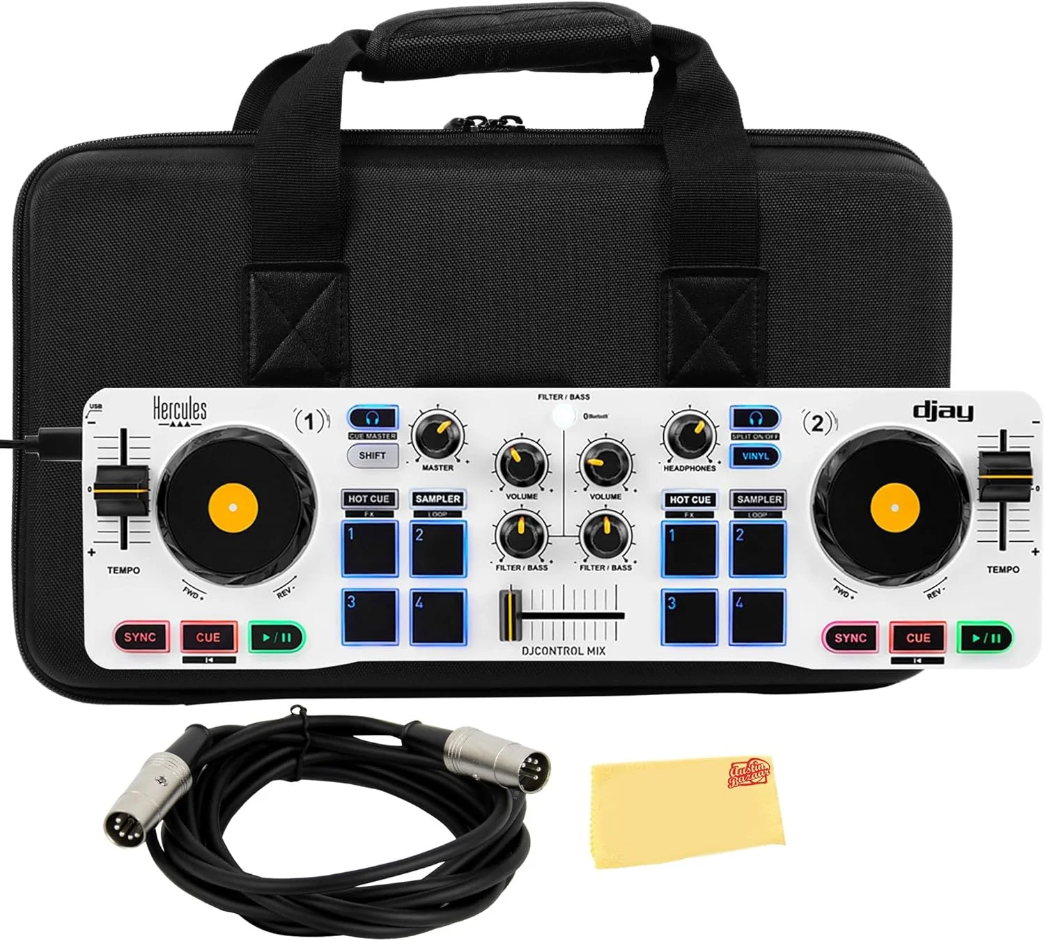 کنترلر دی‌جی بی‌سیم بلوتوث Hercules DJControl Mix برای گوشی‌های هوشمند - سفید همراه با کیف، کابل MIDI و پارچه پولیش Austin Bazaar