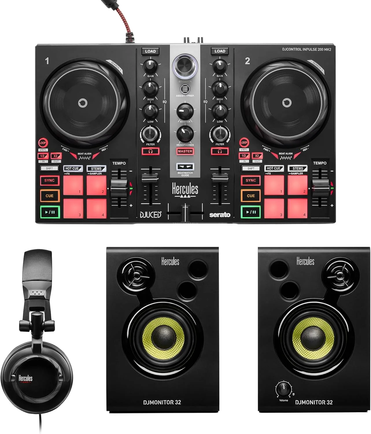 ست آموزش دی‌جی هرکولس MK II شامل کنترلر DJ Inpulse 200 MK II، هدفون HD45 و اسپیکر DJ Monitor 32