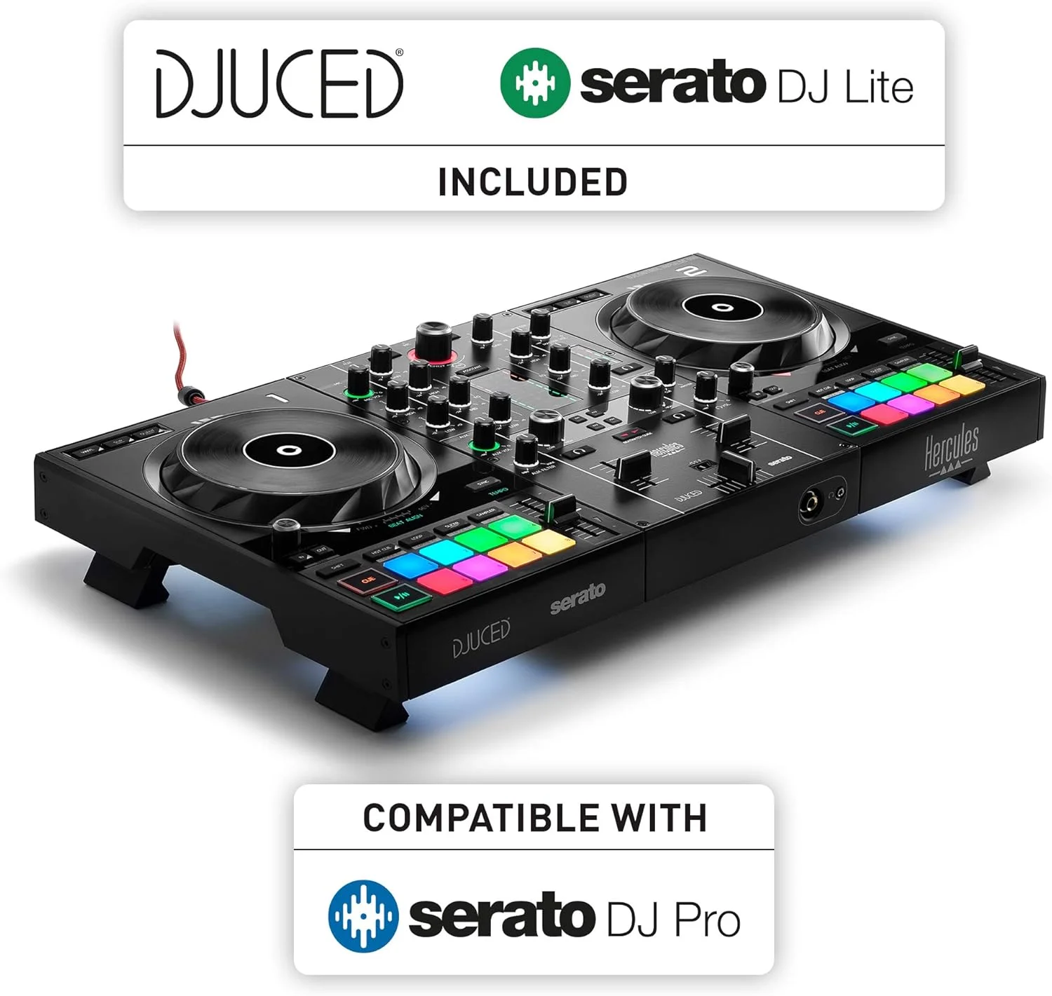 کنترلر دی‌جی هرکولس DJControl Inpulse 500: کنترلر دی‌جی USB دو دکه برای Serato DJ و DJUCED (همراه با) | پایه لپ‌تاپ قابل تنظیم قابل حمل Pyle