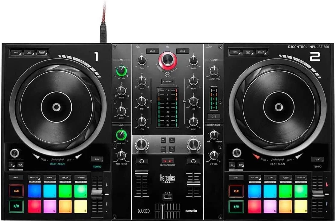 مجموعه کنترلر دی‌جی هرکولس DJControl Inpulse 500 با استند لپ‌تاپ، هاب USB چهار پورت و کابل (بسته 2 عددی) (5 قطعه)