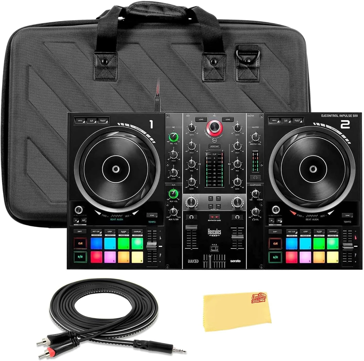 مجموعه کنترلر دی‌جی ۲ کاناله Hercules DJControl Inpulse 500 MK2 به همراه کیف، کابل تبدیل TRS به RCA و دستمال پولیش Austin Bazaar