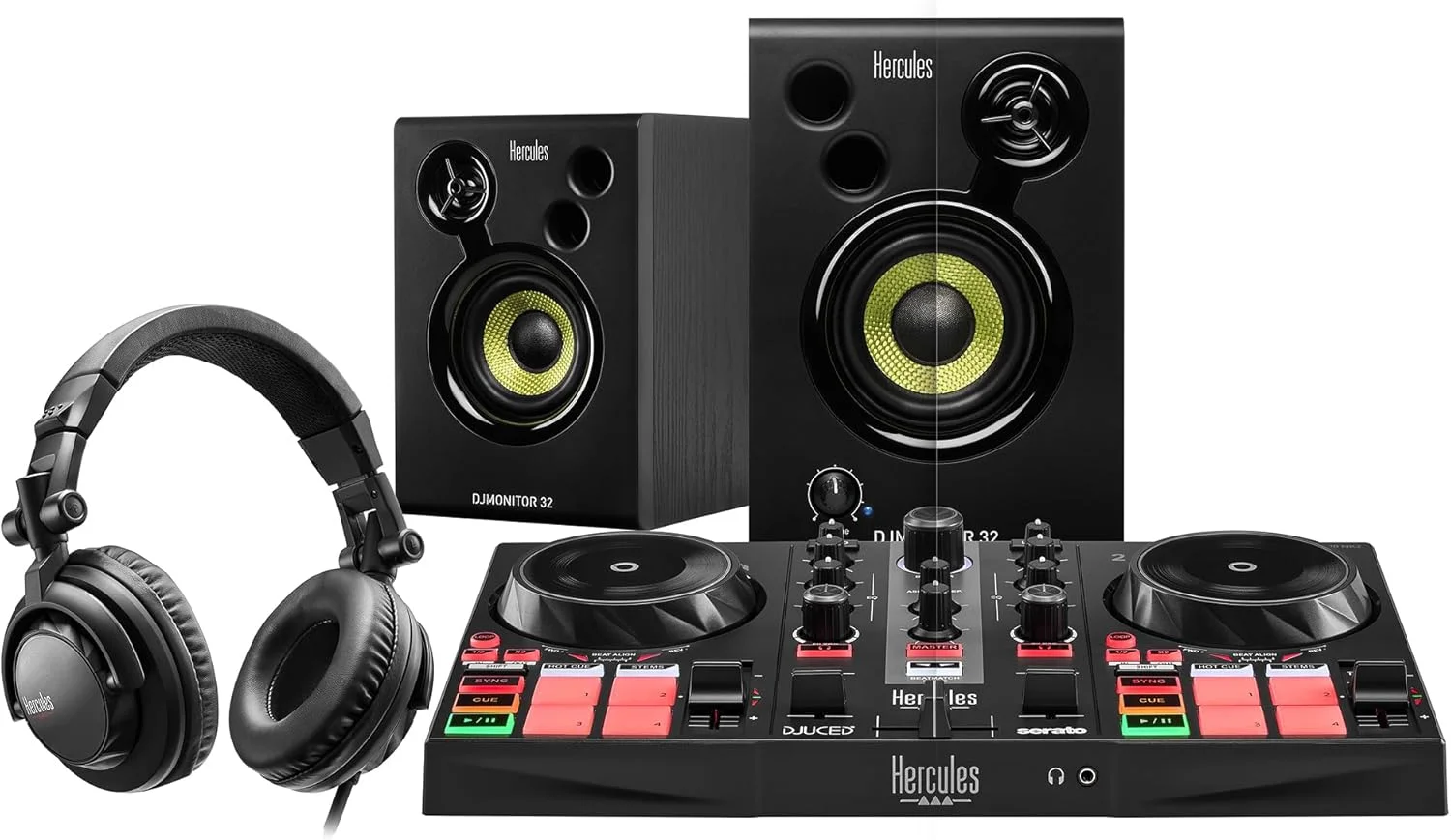 ست آموزش دی‌جی هرکولس MK II شامل کنترلر DJ Inpulse 200 MK II، هدفون HD45 و اسپیکر DJ Monitor 32