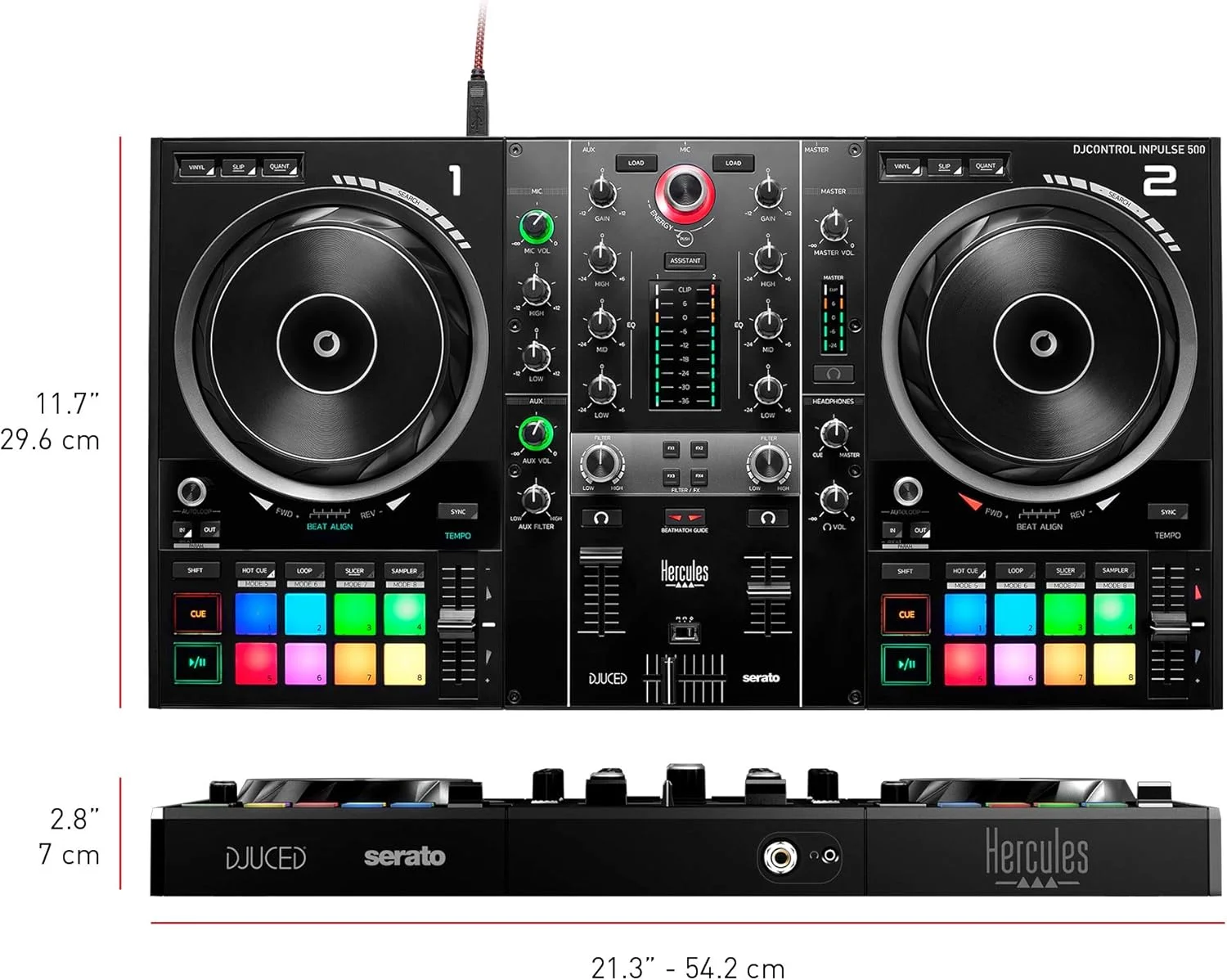 کنترلر دی‌جی هرکولس DJControl Inpulse 500: کنترلر دی‌جی USB دو دکه برای Serato DJ و DJUCED (همراه با) | پایه لپ‌تاپ قابل تنظیم قابل حمل Pyle