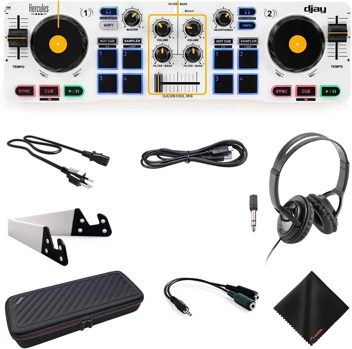 میکسر دی‌جی بی‌سیم بلوتوث Hercules DJ Control Mix - آبی همراه با هدفون روگوشی (مشکی)، کیف حمل Control Mix Waith و دستمال تمیزکننده Waith - شامل نرم‌افزار Algoriddim djay (مجموعه)