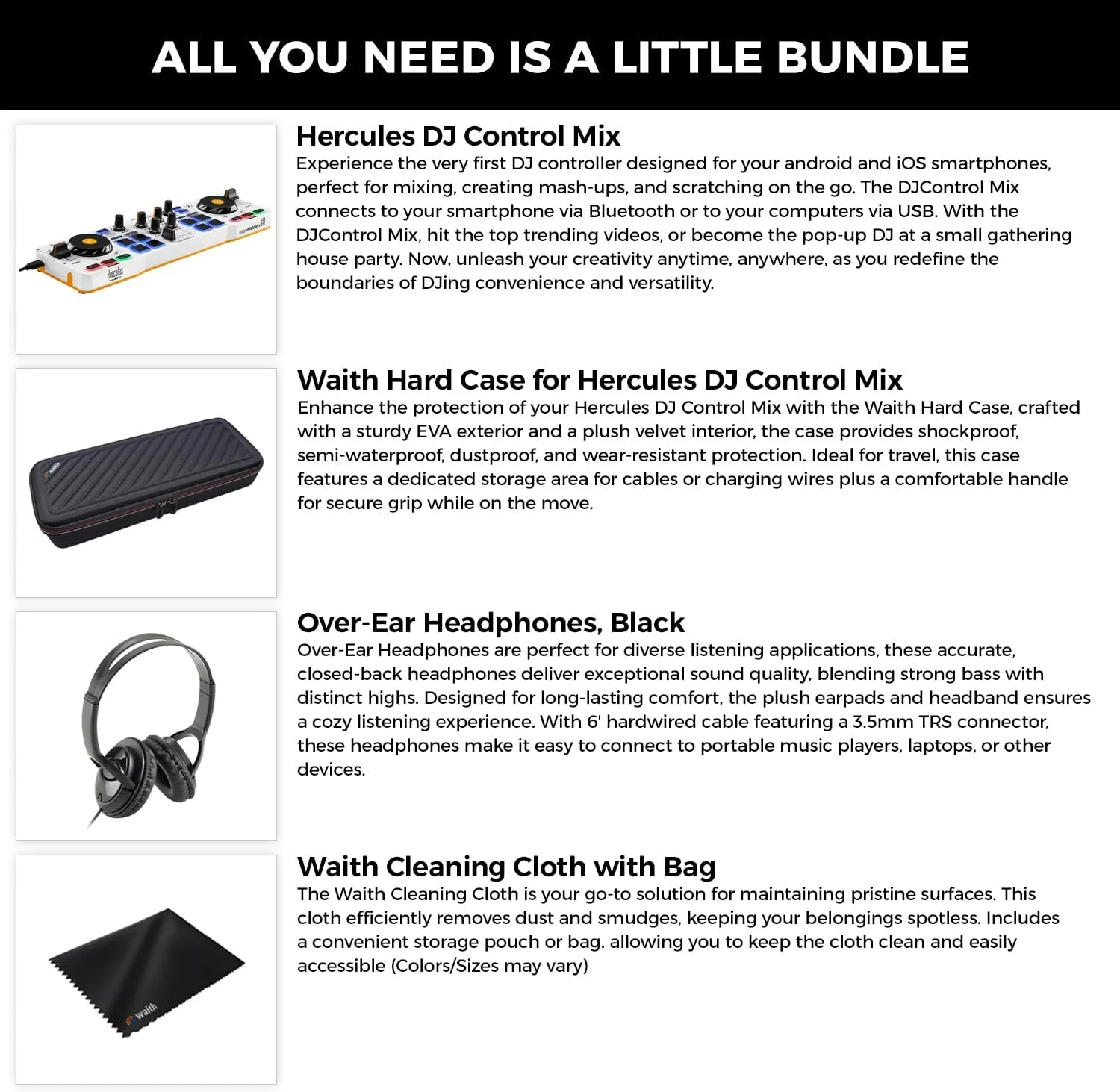 میکسر دی‌جی بی‌سیم بلوتوث Hercules DJ Control Mix - آبی همراه با هدفون روگوشی (مشکی)، کیف حمل Control Mix Waith و دستمال تمیزکننده Waith - شامل نرم‌افزار Algoriddim djay (مجموعه)