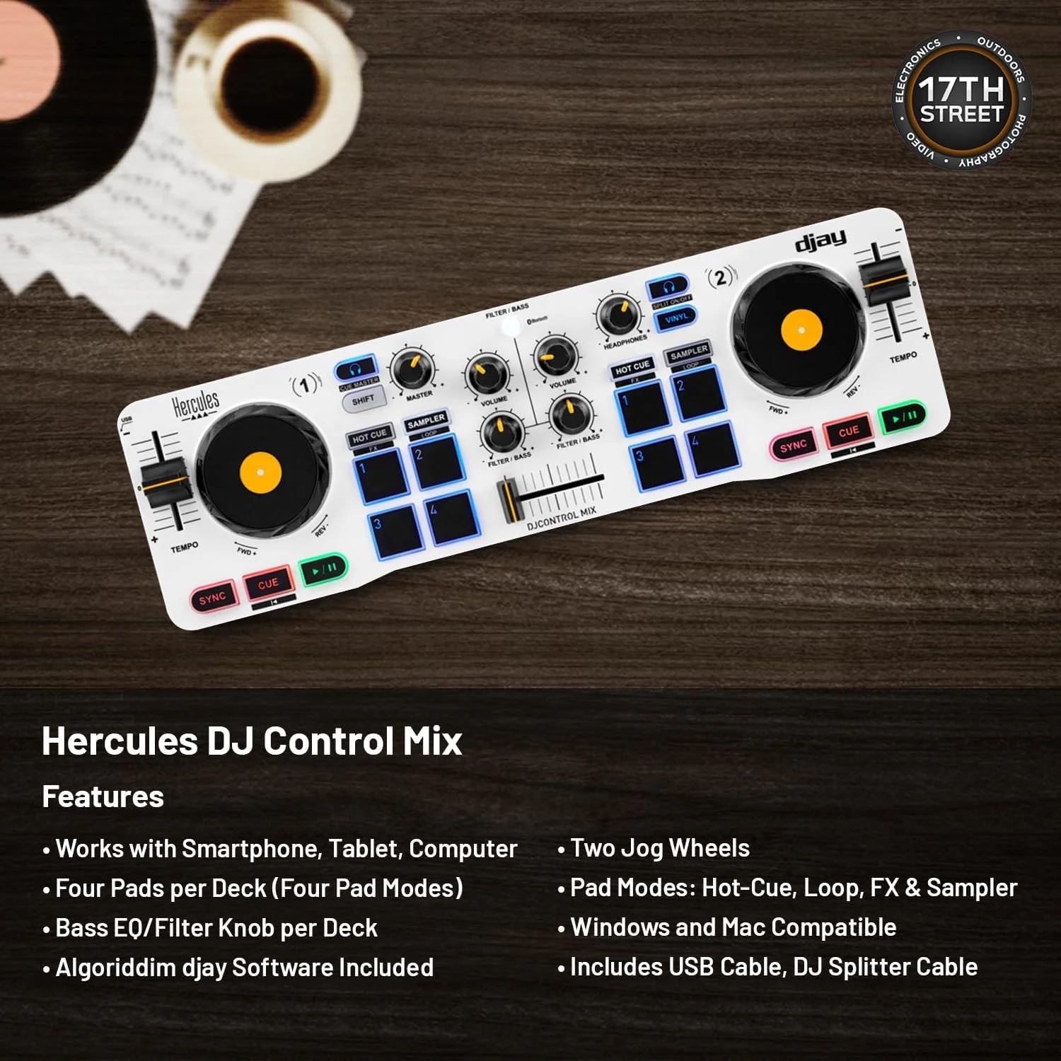 میکسر دی‌جی بی‌سیم بلوتوث Hercules DJ Control Mix - آبی همراه با هدفون روگوشی (مشکی)، کیف حمل Control Mix Waith و دستمال تمیزکننده Waith - شامل نرم‌افزار Algoriddim djay (مجموعه)