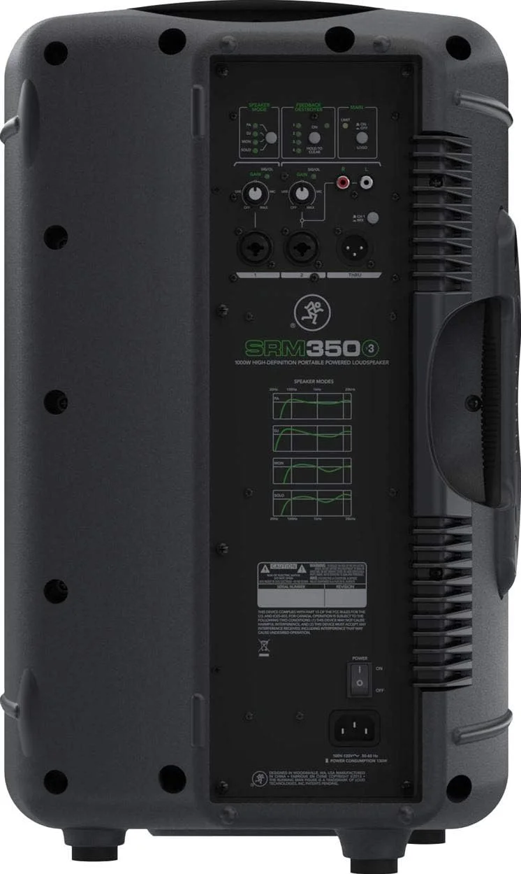 بلندگوی اکتیو PA مکی مدل SRM350V3 SRM350-V3 با توان 1000 وات و ووفر 10 اینچی، به همراه بسته نرم‌افزاری DSP، به همراه یک جفت براکت دیواری Rockville RPW20 برای بلندگوی PA، میکسر Mix12FX و کابل RCTR125B TRS به TRS
