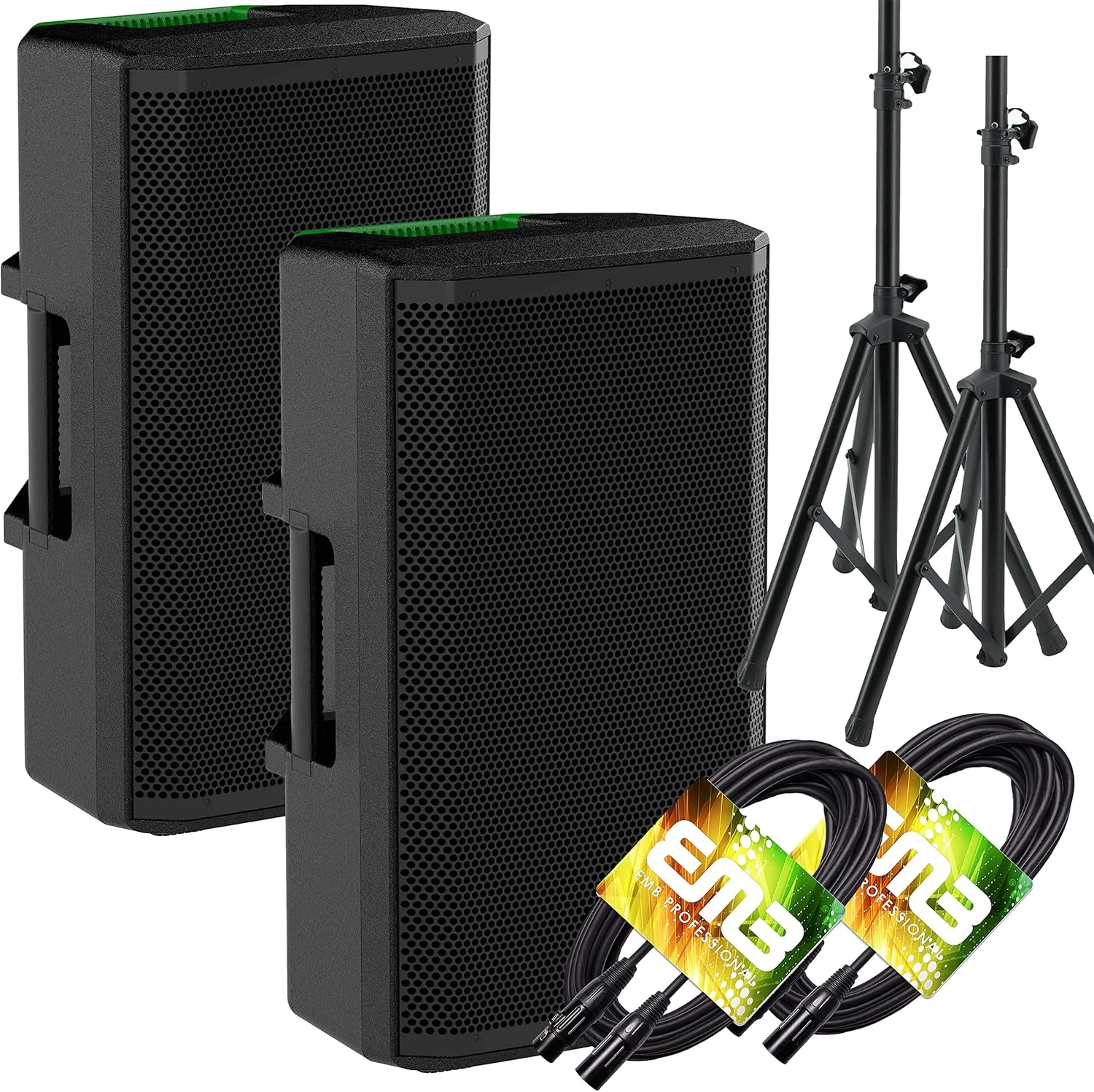 جفت اسپیکر اکتیو 12 اینچی Mackie Thrash 212 با توان 1300 وات، ووفر 12 اینچی، درایور فشرده سازی تیتانیومی 1 اینچی، به همراه یک جفت پایه اسپیکر EMB و کابل مدل Thrash212