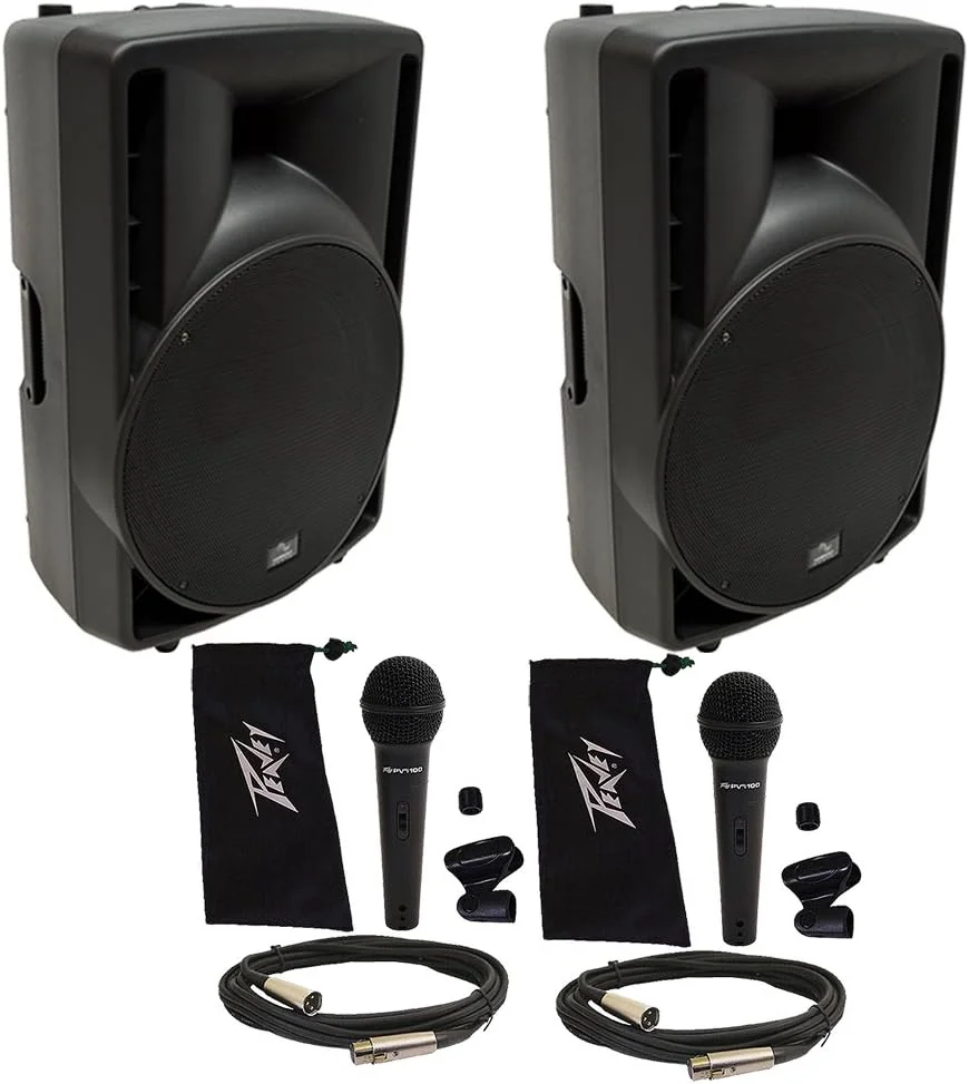 دو عدد کابینت اسپیکر PA اکتیو 15 اینچی 1000 واتی سری Harmony Audio HA-C15A Pro DJ Concert و دو عدد میکروفون کاردیودینامیک سری Peavey PVi 100 XLR PV به همراه گیره میکروفون