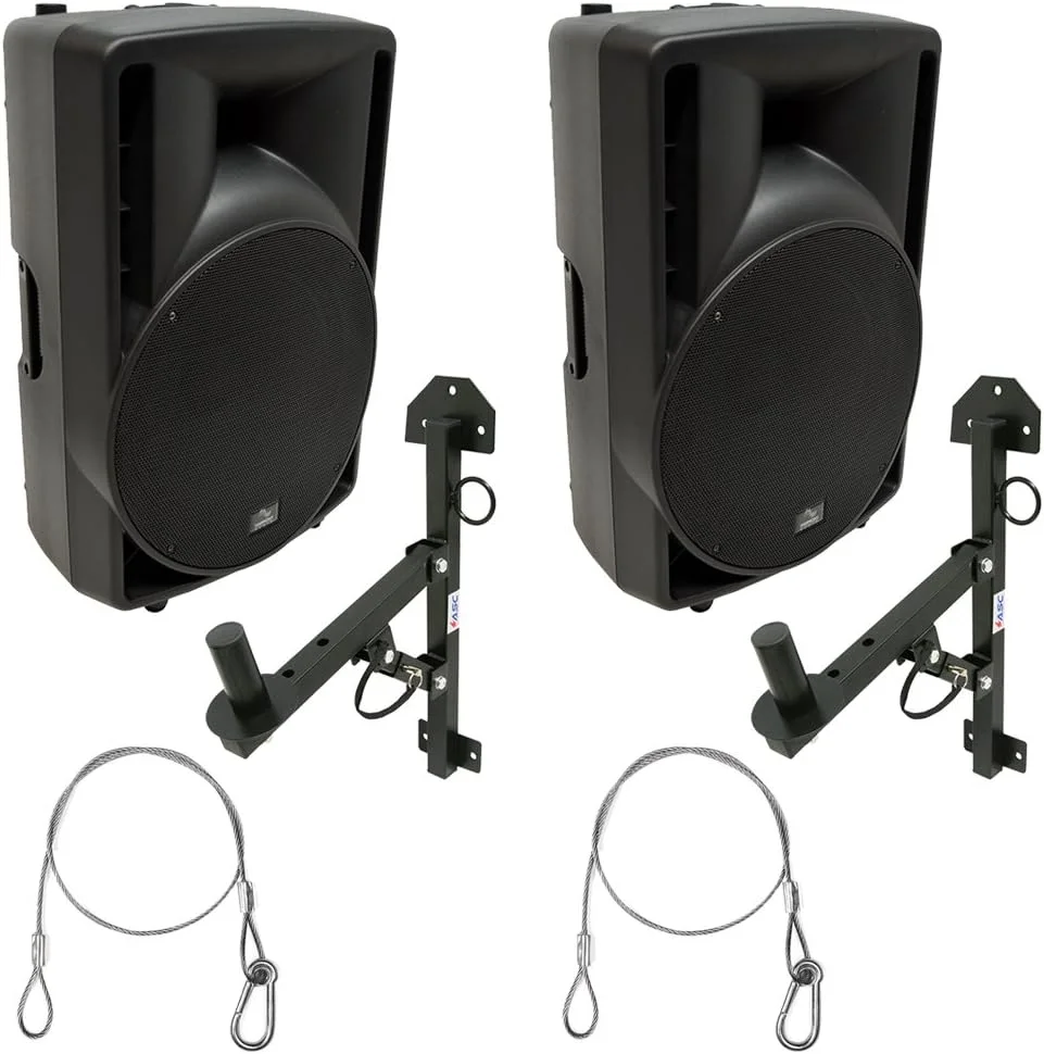 دو عدد کابینت اسپیکر PA اکتیو 15 اینچی 1000 واتی سری Harmony Audio HA-C15A Pro DJ Concert، دو عدد براکت اسپیکر PA DJ مدل ASC-S022 و دو عدد کابل ایمنی روکش‌دار روی مدل ASC-JYSC-1 با طول 24 اینچ - تا 700 پوند