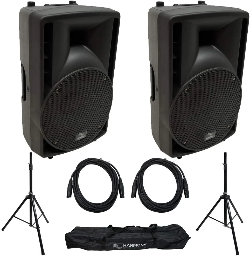 یک جفت اسپیکر PA اکتیو 10 اینچی 400 واتی سری Pro DJ Harmony Audio HA-C10A به همراه پایه های اسپیکر سه پایه و کابل های XLR 15 فوتی