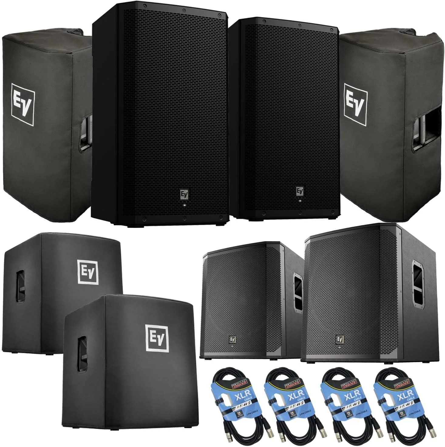 (2) اسپیکر اکتیو 15 اینچی Electro-Voice ZLX-15P-G2 با توان 1000 وات، (2) کاور EV ZLX-15P-G2، (2) EV ELX200-18SP، (2) کاور EV ELX200-18SP، (4) کابل XLR