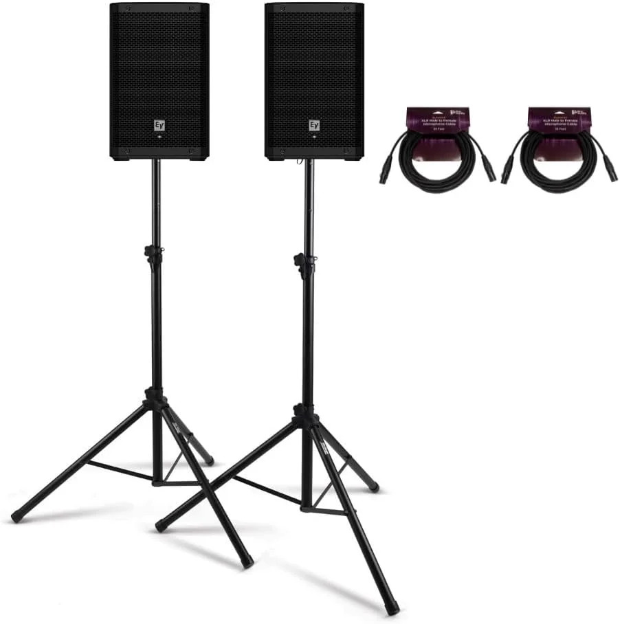 باند اکتیو 8 اینچی Electro-Voice ZLX-8P-G2 با بلوتوث (مشکی، بسته 2 عددی) به همراه پایه باند تمام آلومینیومی و کابل میکروفون XLR نر به ماده 25 فوتی (بسته 2 عددی) (5 قطعه)