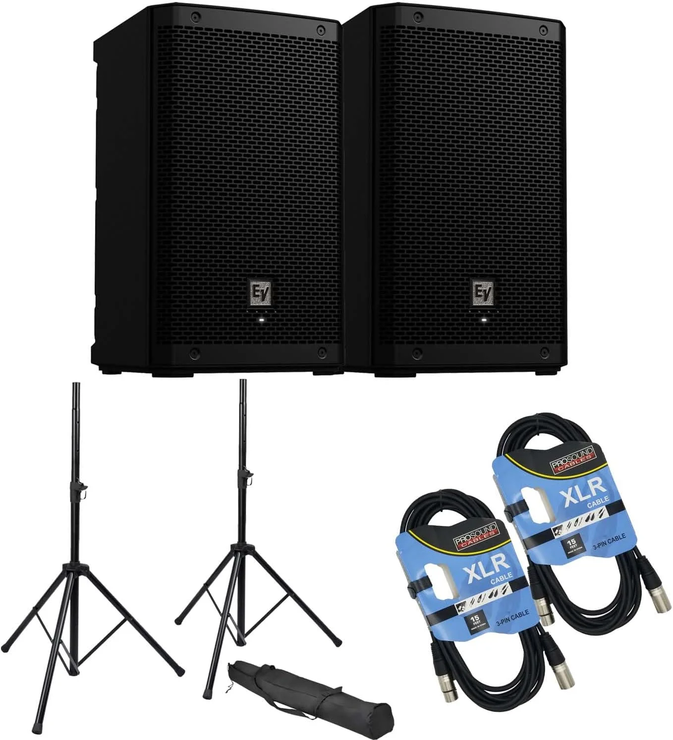 بسته شامل (2) بلندگوی اکتیو Electro-Voice ZLX-8P-G2 8 اینچی 1000 واتی، (2) پایه بلندگو، (2) کابل XLR