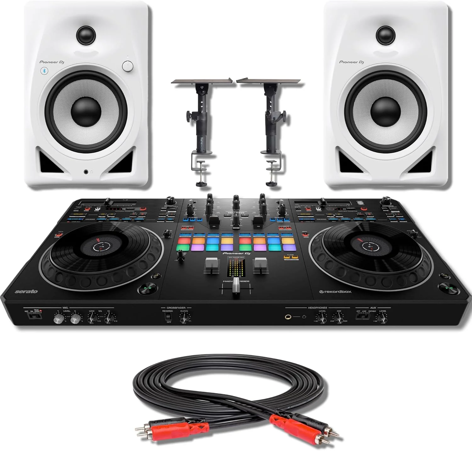 کنترلر دی‌جی پایونیر DDJ-REV5 چهار کاناله به همراه یک جفت اسپیکر مانیتور اکتیو رومیزی 5 اینچی پایونیر DM-50D-BT-W، پایه‌های قابل تنظیم اسپیکر و کابل RCA-RCA به طول 6.5 فوت