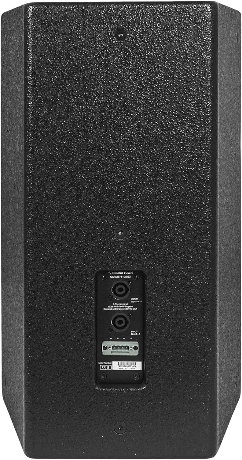 اسپیکر حرفه ای PA/DJ دو طرفه 12 اینچی 700 واتی سری Sound Town CARME، مشکی با درایور تیتانیومی، تخته سه لایه توس برای نصب، صدای زنده، کارائوکه، بار، کلیسا (CARME-112BG3)