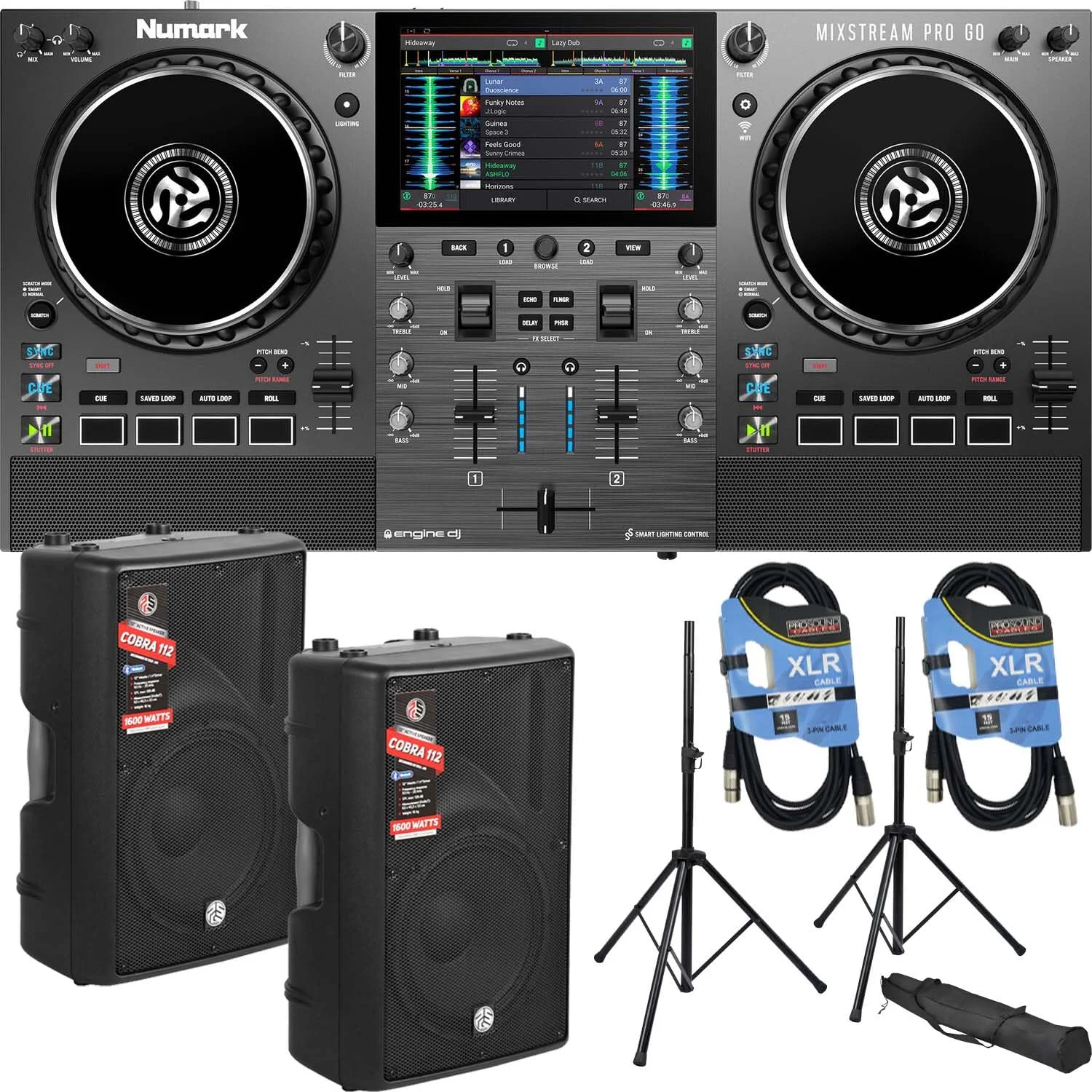 میکسر دی‌جی مستقل Mixstream Pro Go با باتری، (2) عدد اسپیکر PSG AUDIO Cobra 112، پایه باند، (2) عدد کابل XLR