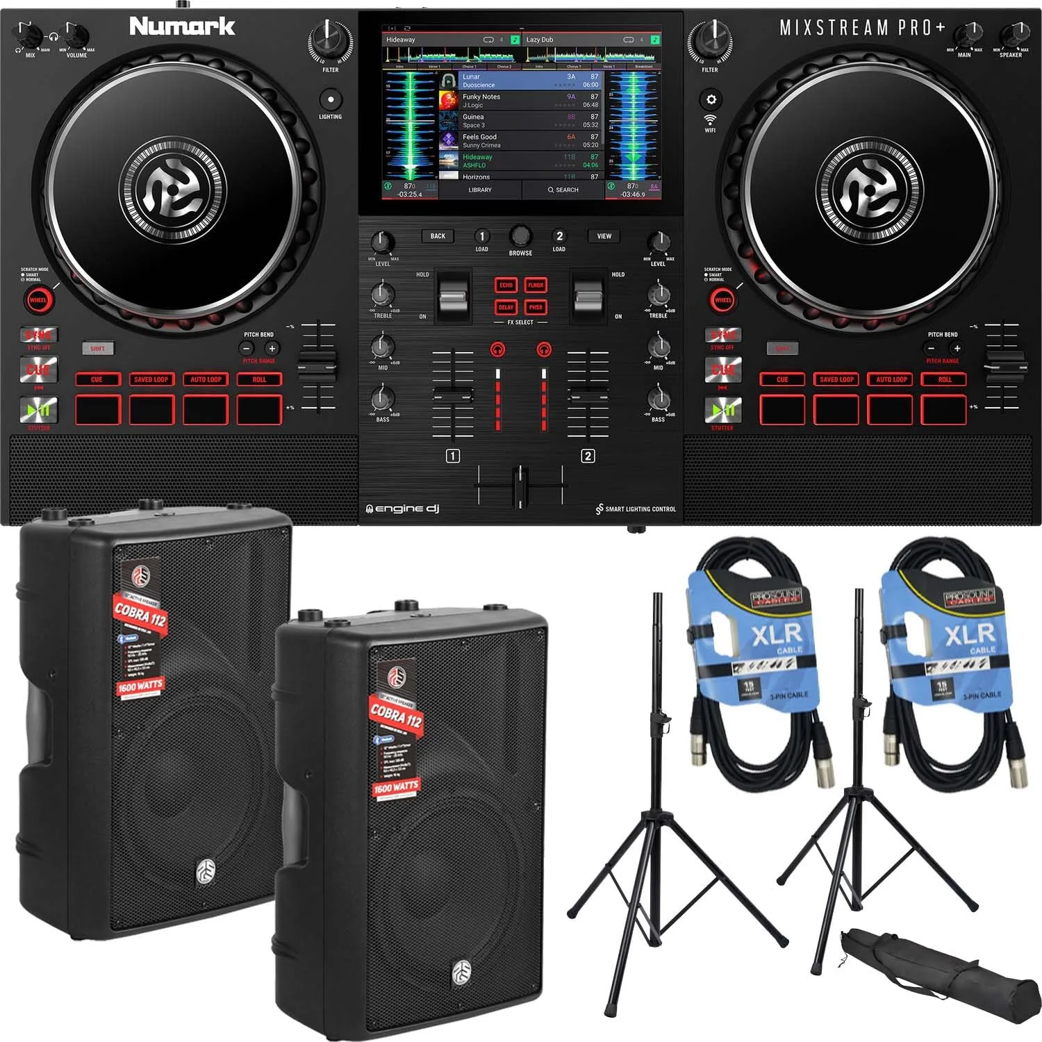 کنترلر دی‌جی مستقل Mixstream Pro+، (2) عدد اسپیکر PSG AUDIO Cobra 112، پایه اسپیکر، (2) عدد کابل XLR
