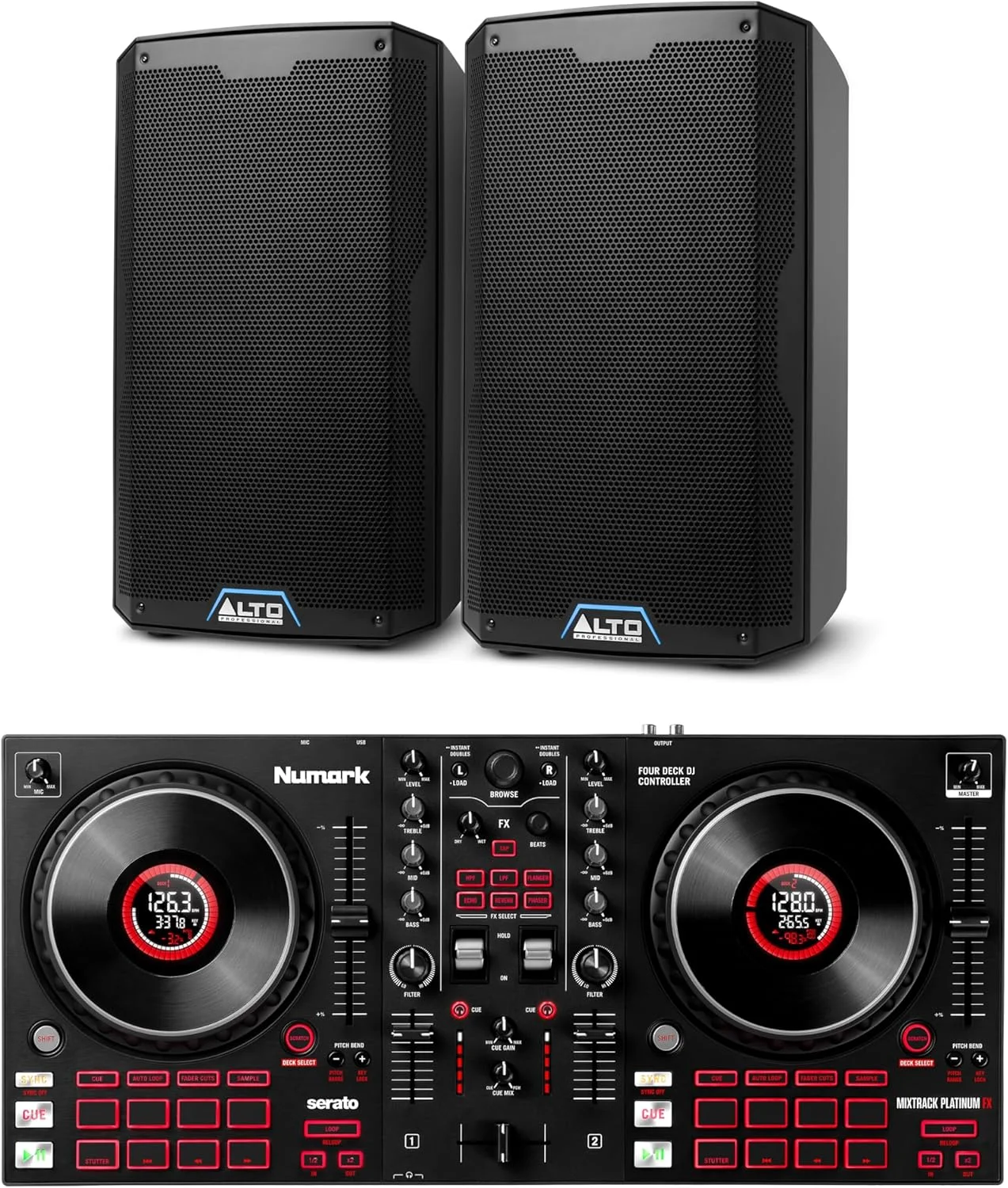 کنترلر دی جی نومارک Mixtrack Platinum FX و جفت اسپیکر PA اکتیو ALTO TS415 برای اجرای زنده موسیقی، دی جی ست، رویدادها و تولید موسیقی