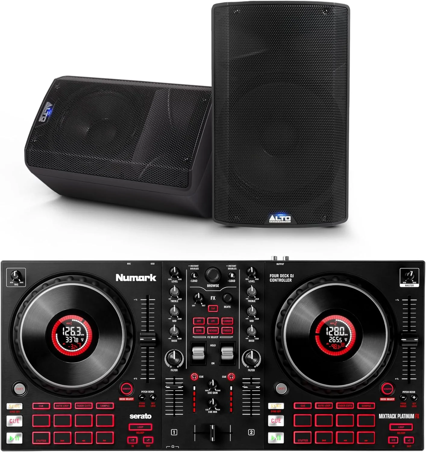 میکسر دی‌جی نومارک Mixtrack Platinum FX و جفت اسپیکر PA اکتیو ALTO TX410 برای اجرای زنده موسیقی، دی‌جی ست، رویدادها و تولید موسیقی