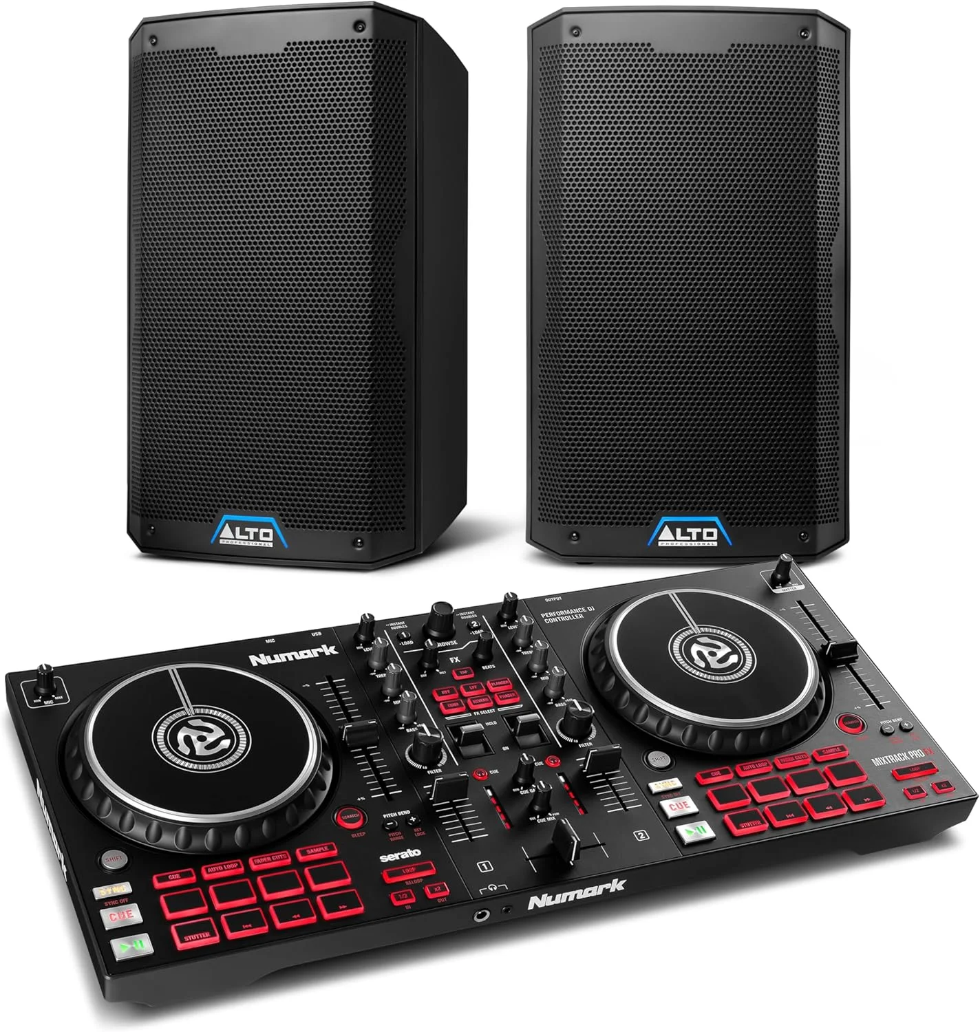 کنترلر دی جی نومارک Mixtrack Pro FX و جفت اسپیکر های اکتیو ALTO TS410 برای اجرای زنده موسیقی، دی جی ست، مراسم و تولید موسیقی