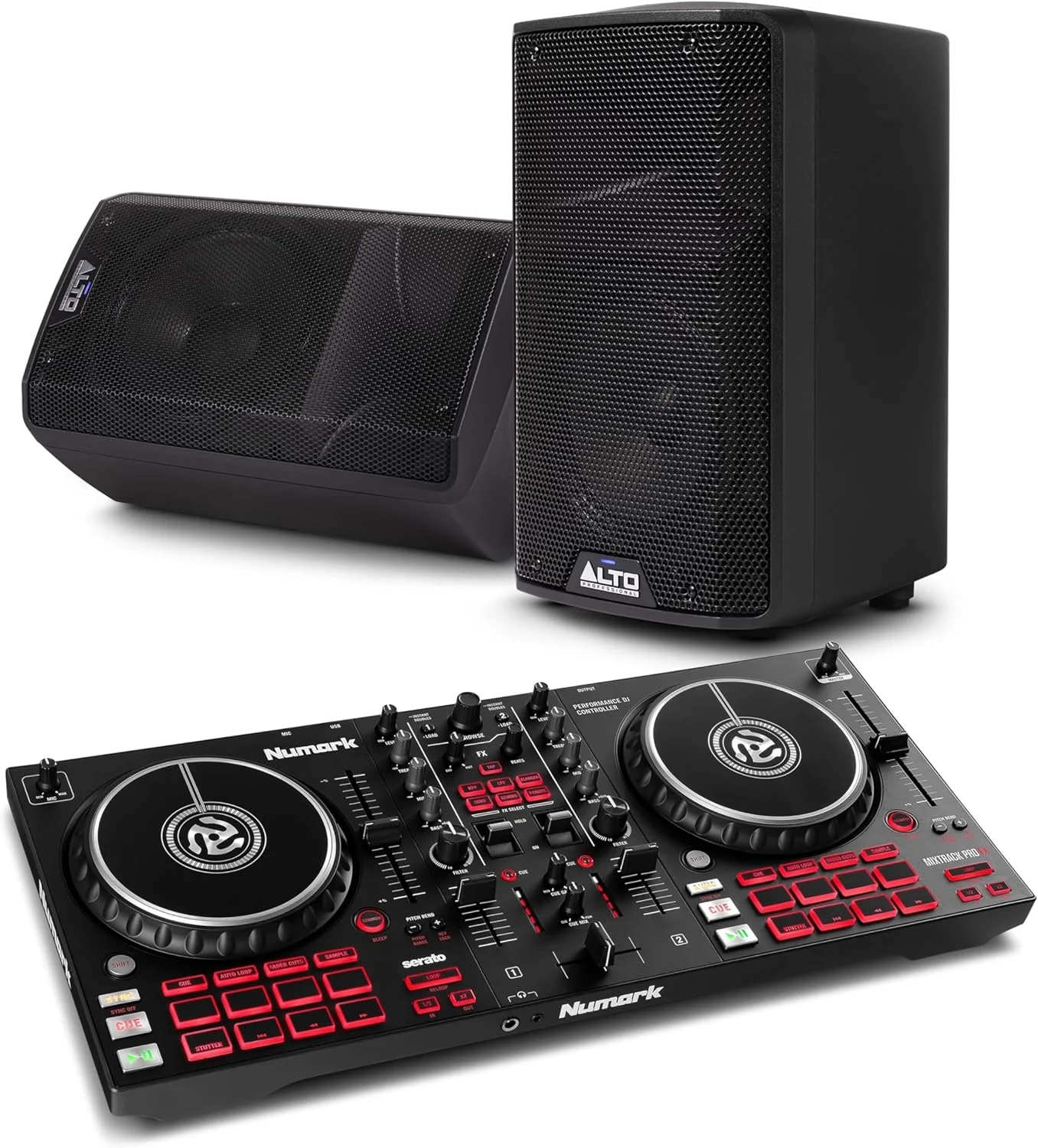 مجموعه کنترلر دی‌جی Numark Mixtrack Pro FX و بلندگوهای اکتیو ALTO TX410 برای اجرای زنده، دی‌جی ست، مراسم و تولید موسیقی