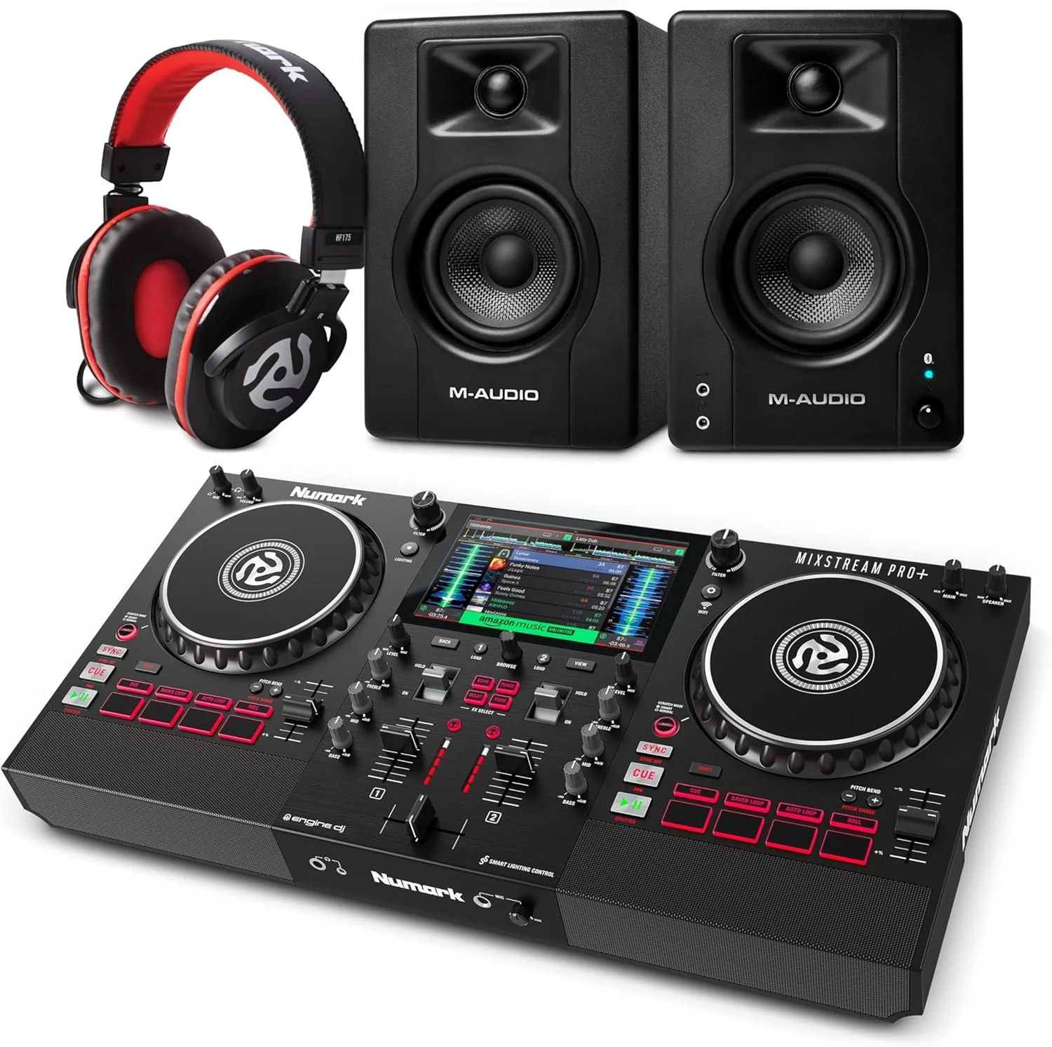 کنترلر دی‌جی Numark Mixstream Pro+ به همراه مانیتورهای استودیویی بلوتوث M-AUDIO BX3 و هدفون برای اجرای زنده موسیقی، دی‌جی ست، رویدادها و تولید موسیقی