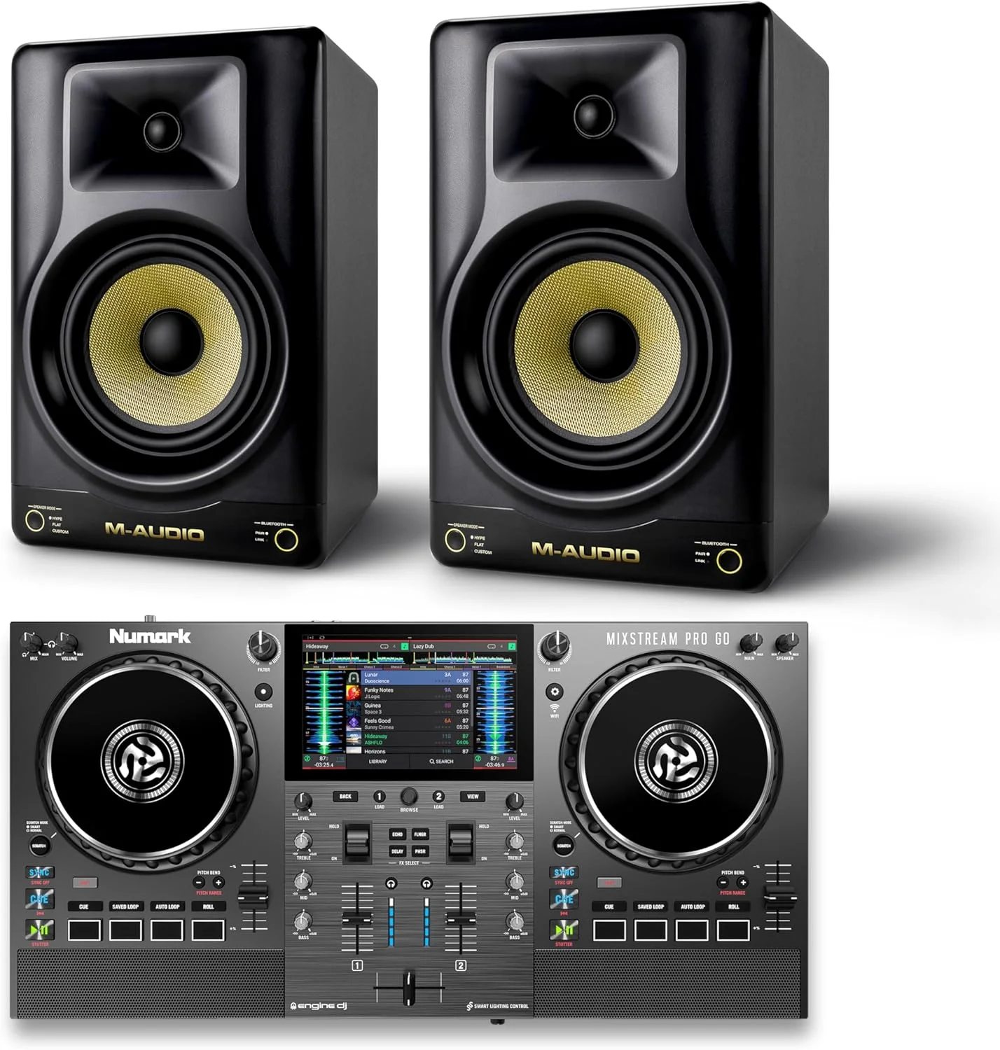 ست کنترلر دی‌جی نومارک Mixstream Pro Go و مانیتورهای استودیویی M-AUDIO Forty Eighty برای ضبط استودیو، تولید موسیقی، پادکست و استریم