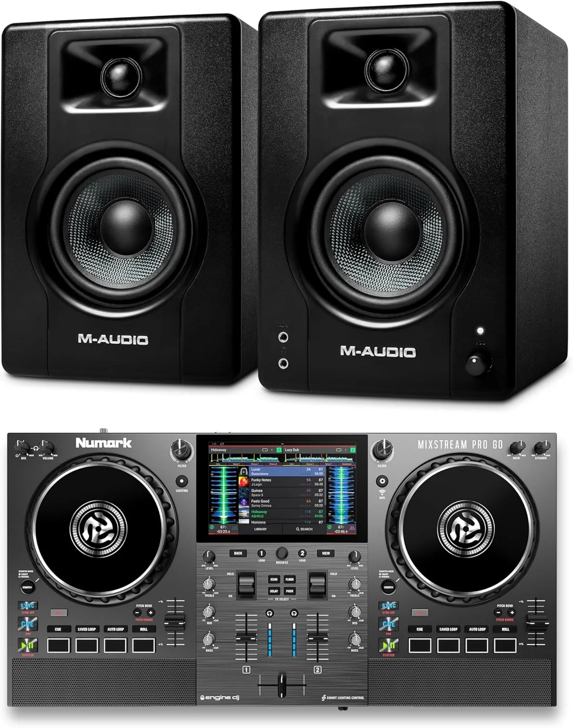 کنترلر دی‌جی نومارک Mixstream Pro Go و مانیتورهای استودیویی M-AUDIO BX4 برای ضبط استودیو، تولید موسیقی، پادکست و استریم