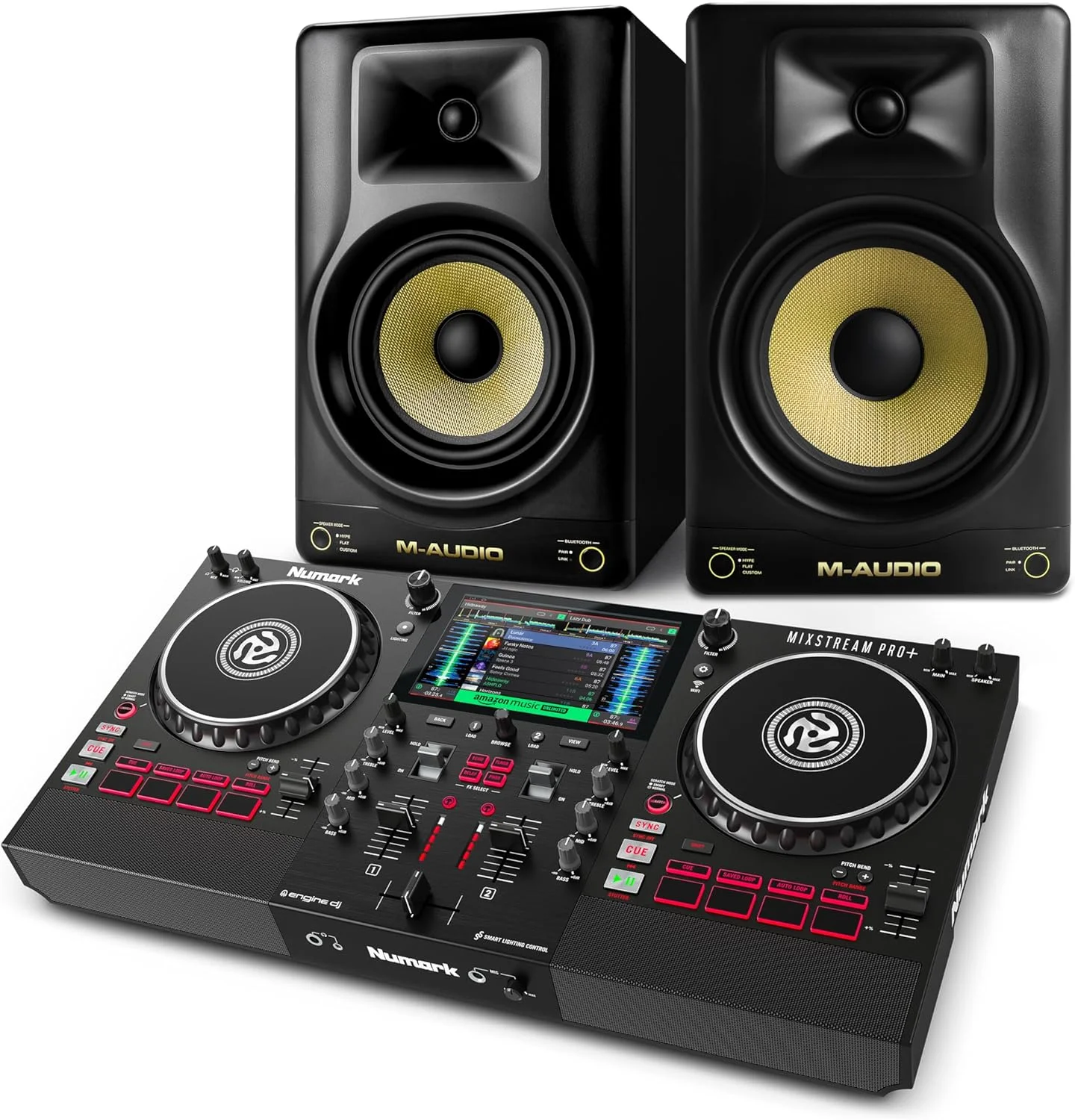 مجموعه کنترلر دی‌جی Numark Mixstream Pro+ و مانیتورهای استودیویی M-AUDIO Forty Eighty برای ضبط استودیویی، تولید موسیقی، پادکست و استریم