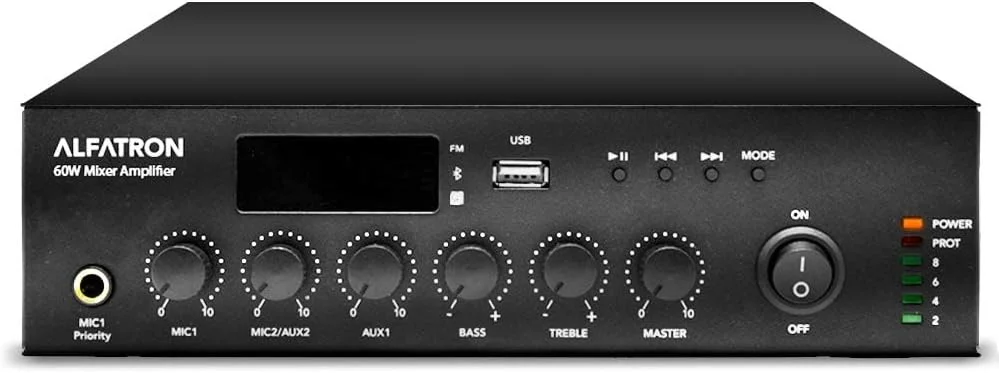 آمپلیفایر میکسر جمعوجور Alfatron 60W-UB با بلوتوث، تیونر داخلی، پخشکننده MP3 USB داخلی و ورودی میکروفون پنل جلو، 60 وات در 70/100 ولت، ایدهآل برای کلاسهای درس و فروشگاهها آمپلیفایر میکسر جمعوجور Alfatron 60W-UB با بلوتوث، تیونر داخلی، پخشکننده MP3 USB داخلی و ورودی میکروفون پنل جلو، 60 وات در 70/100 ولت، ایدهآل برای کلاسهای درس و فروشگاهها