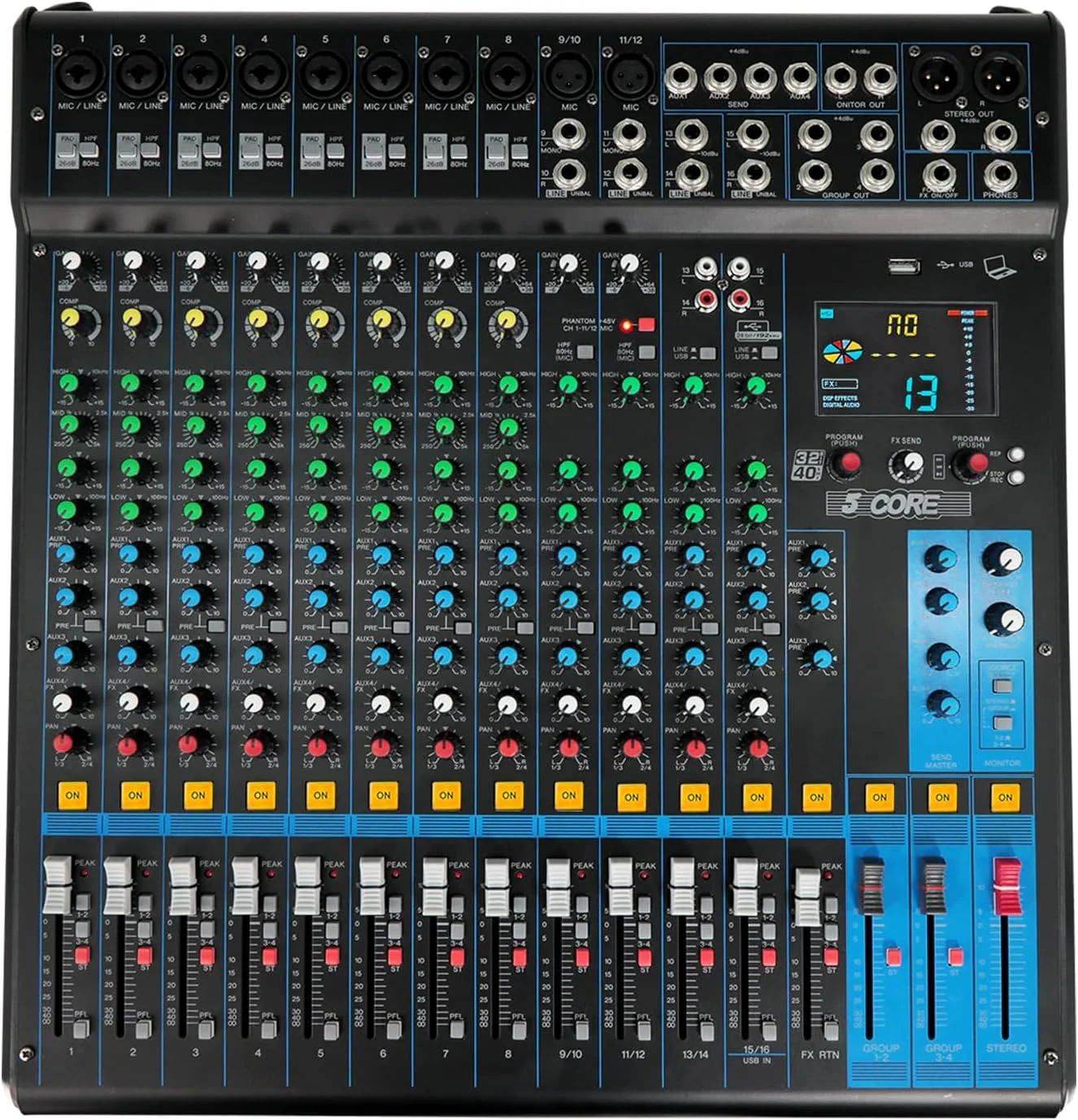 میکسر صوتی حرفه ای 16 کانال 5Core با افکت های دیجیتال 256، USB، بلوتوث، فانتوم پاور 48 ولت، کنسول صدا برای ضبط استودیو، پادکست و نمایش دی جی - MX 16CH XU میکسر صوتی حرفه ای 16 کانال 5Core با افکت های دیجیتال 256، USB، بلوتوث، فانتوم پاور 48 ولت، کنسول صدا برای ضبط استودیو، پادکست و نمایش دی جی - MX 16CH XU