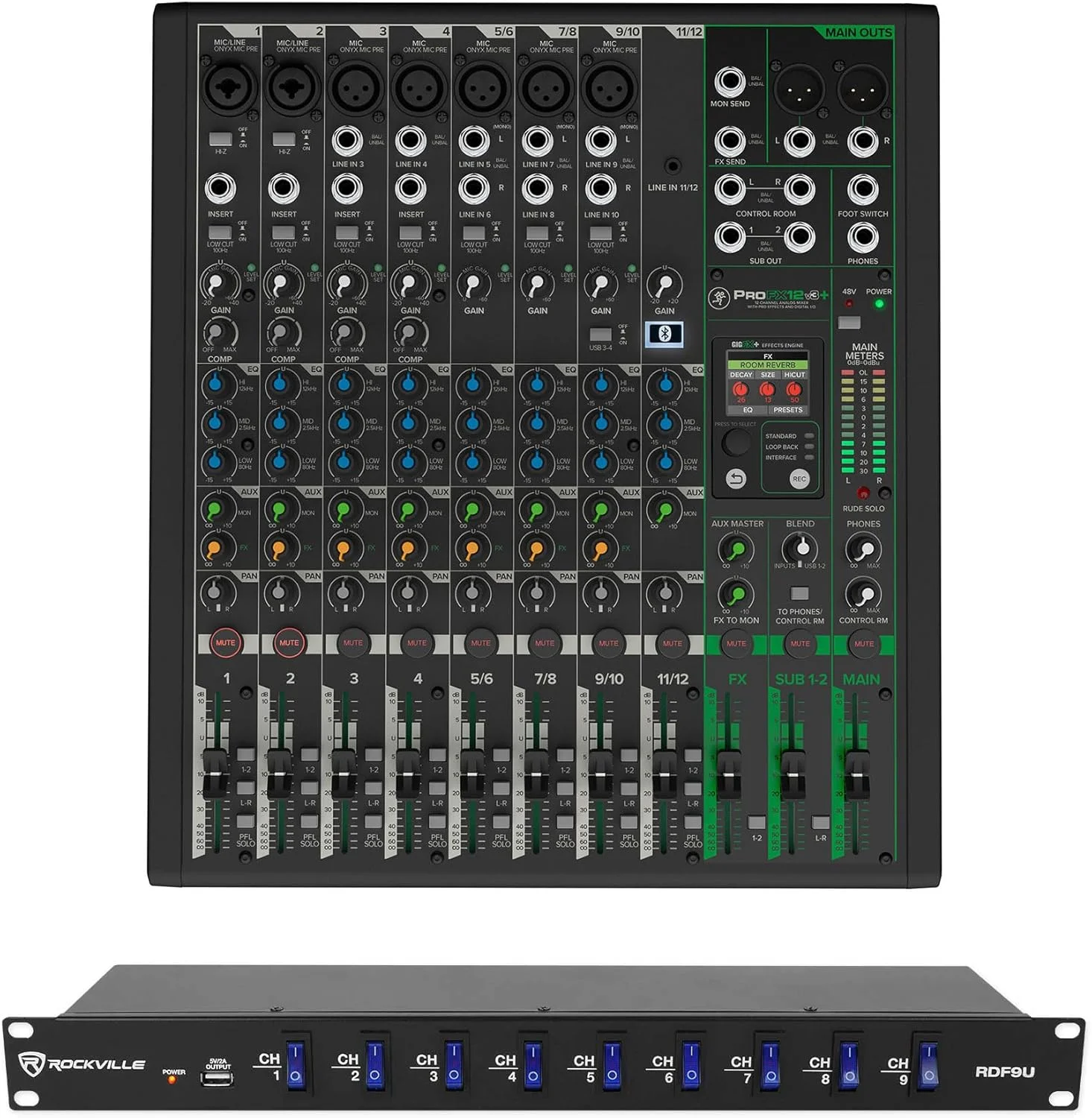 مجموعه آدیوسوینگز: (1) میکسر آنالوگ 12 کاناله Mackie ProFX12v3+ به همراه افکت های پیشرفته و (1) رک مونت Rockville RDF9U 1U 15A با پورت USB (2 قطعه) مجموعه آدیوسوینگز: (1) میکسر آنالوگ 12 کاناله Mackie ProFX12v3+ به همراه افکت های پیشرفته و (1) رک مونت Rockville RDF9U 1U 15A با پورت USB (2 قطعه)