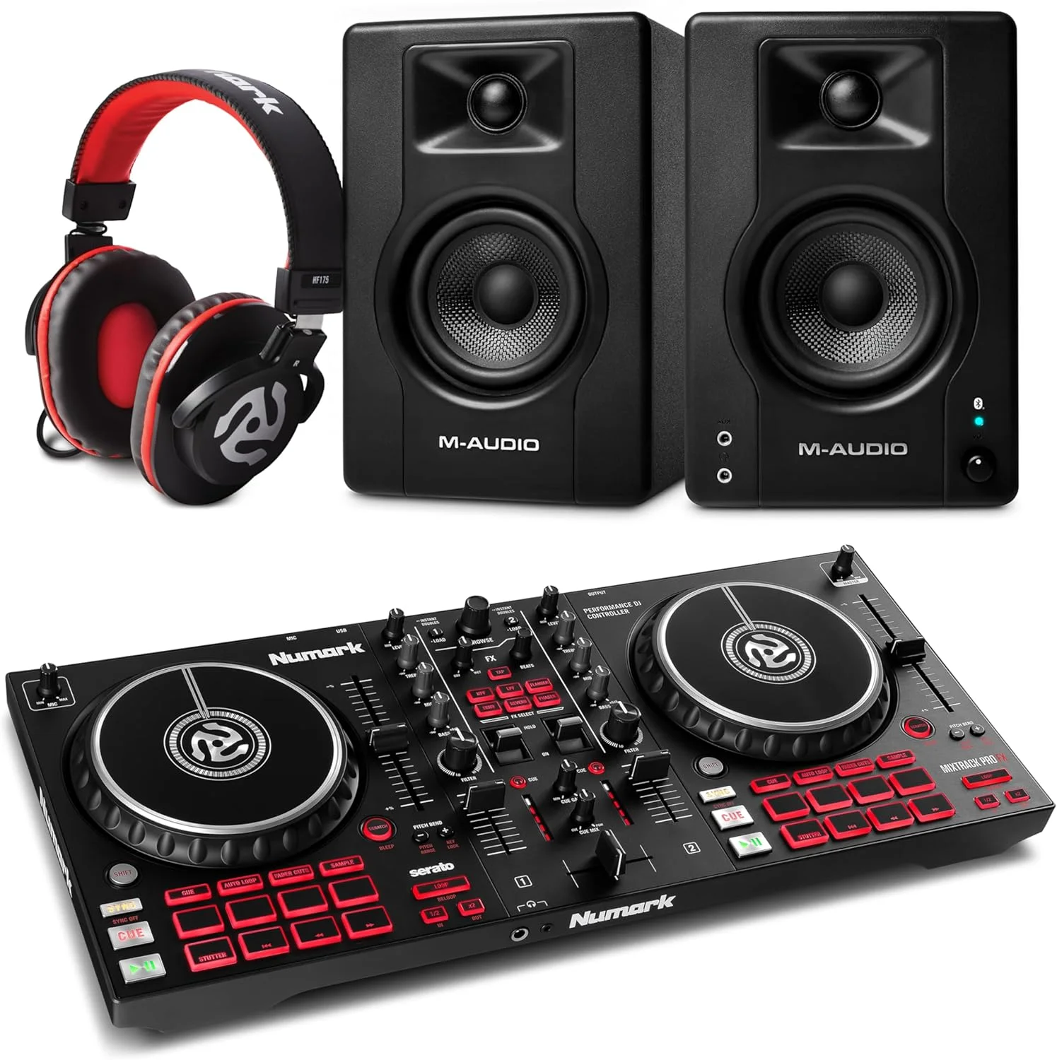کنترلر دی‌جی نومارک Mixtrack Pro FX و مانیتورهای استودیویی بلوتوثی M-AUDIO BX4 به همراه هدفون برای ضبط استودیویی، تولید موسیقی، پادکست و استریم