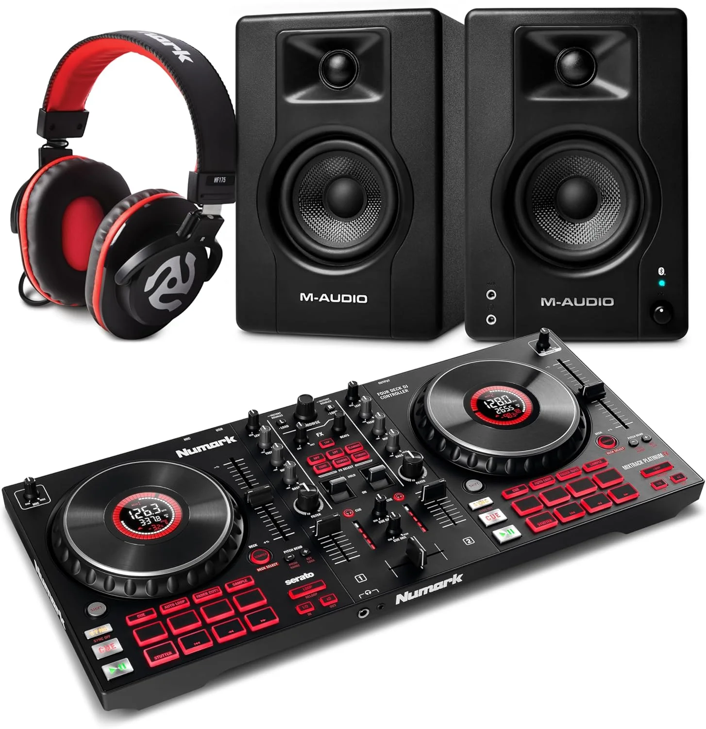 کنترلر دی جی نومارک Mixtrack Platinum FX و مانیتورهای استودیویی بلوتوث M-AUDIO BX3 به همراه هدفون برای ضبط استودیو، تولید موسیقی، پادکست و استریم