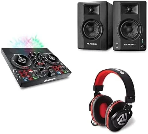 کنترلر دی‌جی Numark Party Mix Live و مانیتورهای استودیویی بلوتوث M-AUDIO BX4 به همراه هدفون برای ضبط استودیو، تولید موسیقی، پادکست و استریم