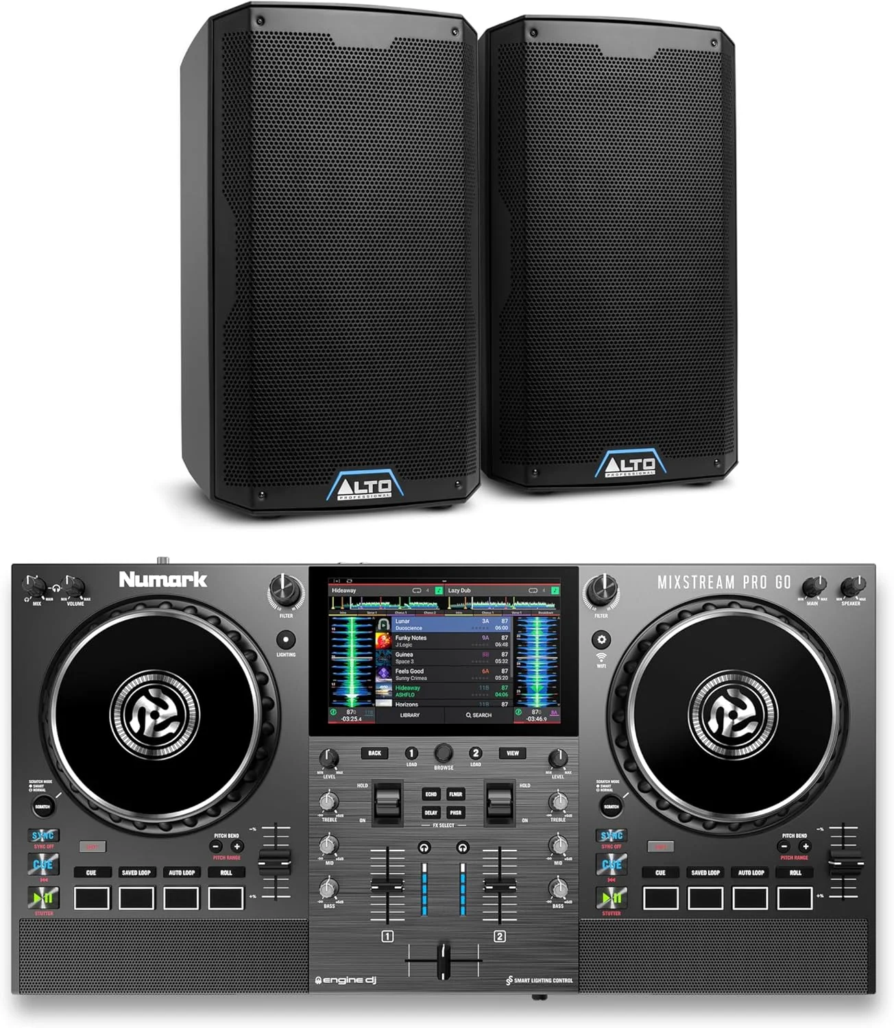 ست کنترلر دی‌جی نومارک Mixstream Pro Go و یک جفت اسپیکر اکتیو ALTO TS408 برای اجرای زنده موسیقی، دی‌جی ست، مراسم و تولید موسیقی