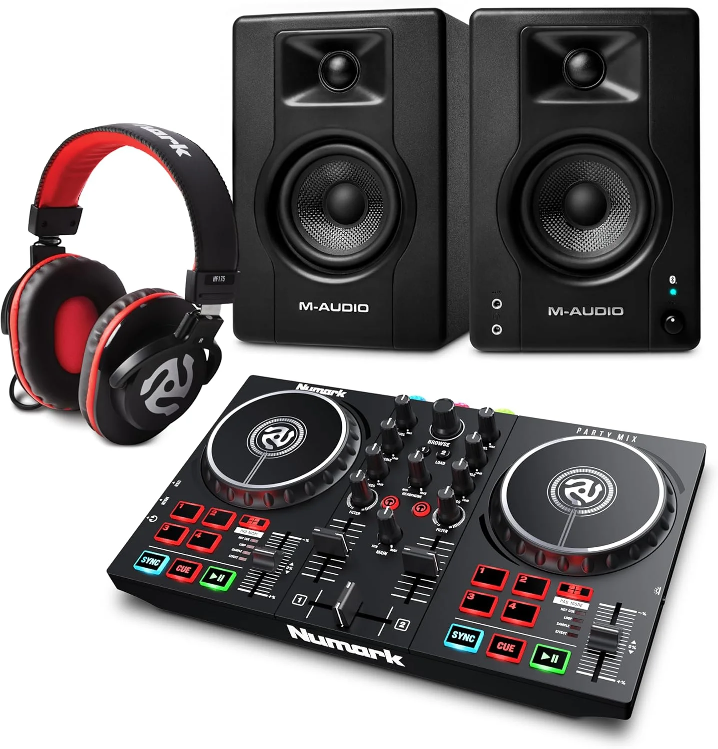 کنترلر دی‌جی نومارک Party Mix II و جفت مانیتور استودیویی بلوتوث M-AUDIO BX4 به همراه هدفون برای ضبط استودیویی، تولید موسیقی، پادکست و استریم