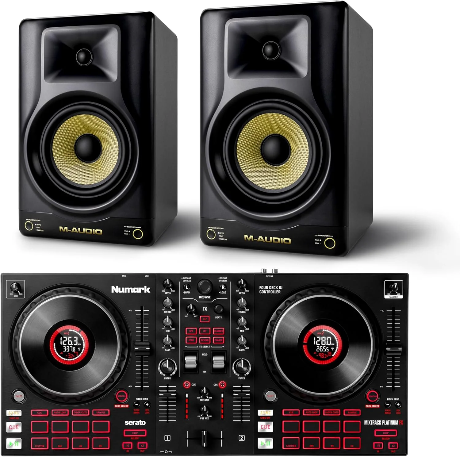 مجموعه کنترلر دی‌جی Numark Mixtrack Platinum FX و مانیتورهای استودیویی M-AUDIO Forty Eighty برای ضبط استودیویی، تولید موسیقی، پادکست و استریم